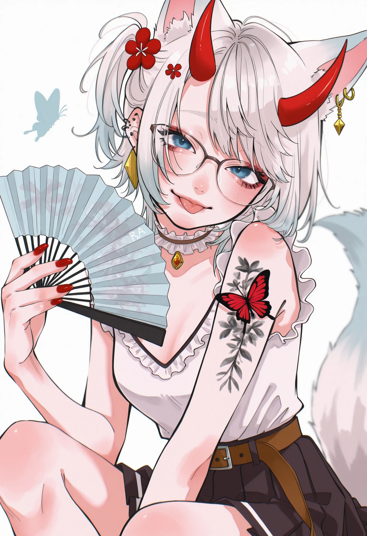 st003,
1girl, solo, short hair, looking at viewer, smile, light background, jacket, silver hair, holding, asymmetrical bangs, closed mouth, cleavage, ribbon, medium length hair, sitting, side ponytail, blue eyes, tail, butterfly, gradient hair, upper body, close-up, choker, white hair, animal ears, skirt, alternate costume, tongue, round ears, virtual youtuber, tongue out, painted nails, split hair color, blouse, frilled collar, fingernails, parted lips, head tilt, v-neck, pleated skirt, shoulder tattoo, light makeup, alternate hairstyle, brooch, dark skirt, glasses, hair ornament, bow, blush makeup, fox girl, fox ears, ear piercing, lip gloss, fluffy tail, red nails, brown belt, frills, soft pastel background, holding fan, long eyelashes, lower arm tattoo, glasses over eyes, writing on hand, holding folding fan, uneven bangs, golden earrings, light horns, nail gloss, flower clip, ryugasaki rene,
masterpiece, best quality, amazing quality
<lora:style003-IL v7:1>