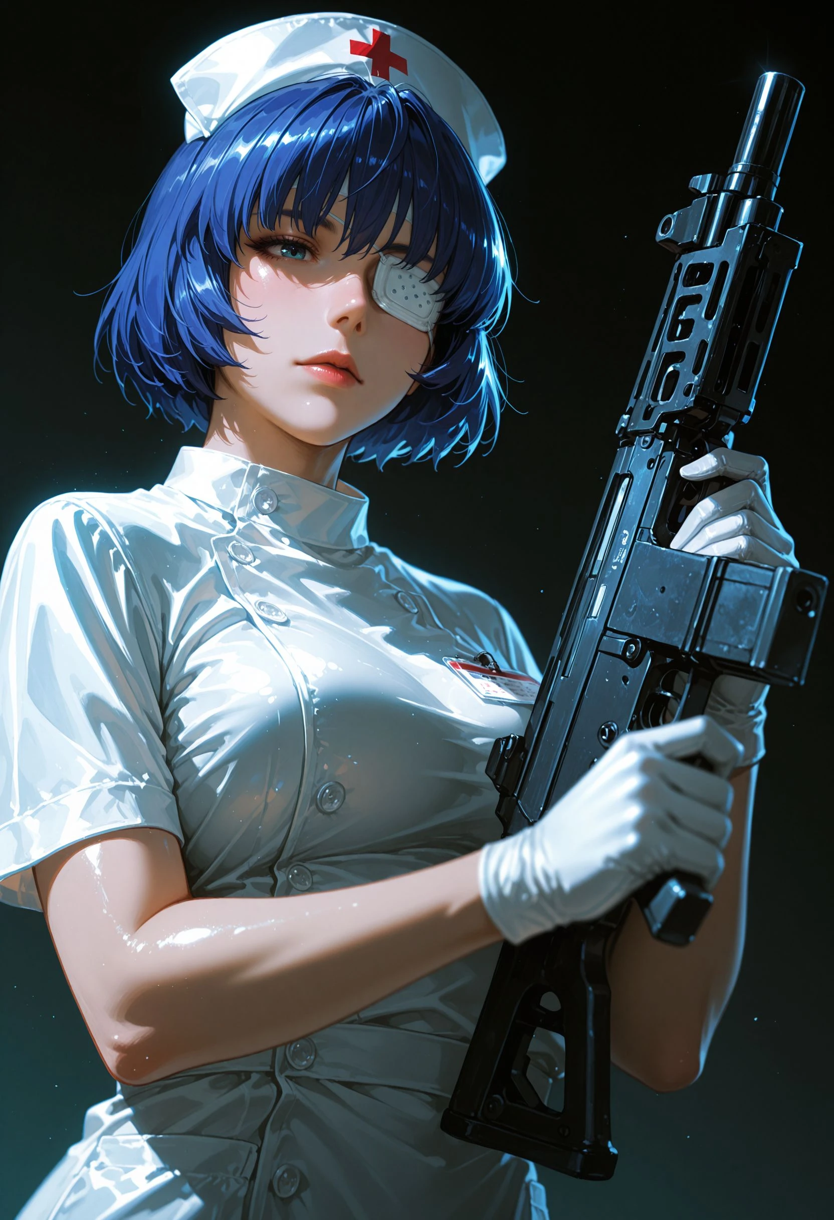 masterpiece, best quality, ultra-detailed, absurdres, 8K, highres, illustration, CG, amazing quality, intricate details, highly detailed, hyper-detailed, sharp focus, depth of field, realistic shading, beautiful lighting, cinematic lighting, HDR, volumetric lighting, raytracing, ambient occlusion, subsurface scattering, vibrant colors, soft lighting, smooth shading, reflective surfaces, ultra-detailed eyes, clear skin, shiny hair, gradient background, detailed background, BREAK, fujimoto_tatsuki, fujimoto_tatsuki_(style), random place, woman, ryomou_shimei, eyepatch, nurse outfit, reloading, submachine gun, silencer, suppresor, low angle