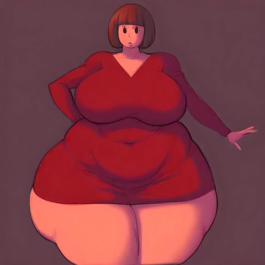 overlordzeon, 1girl, solo, brown hair, bob cut, short dress, curvy, plump, huge breasts, belly, wide hips, thick thighs