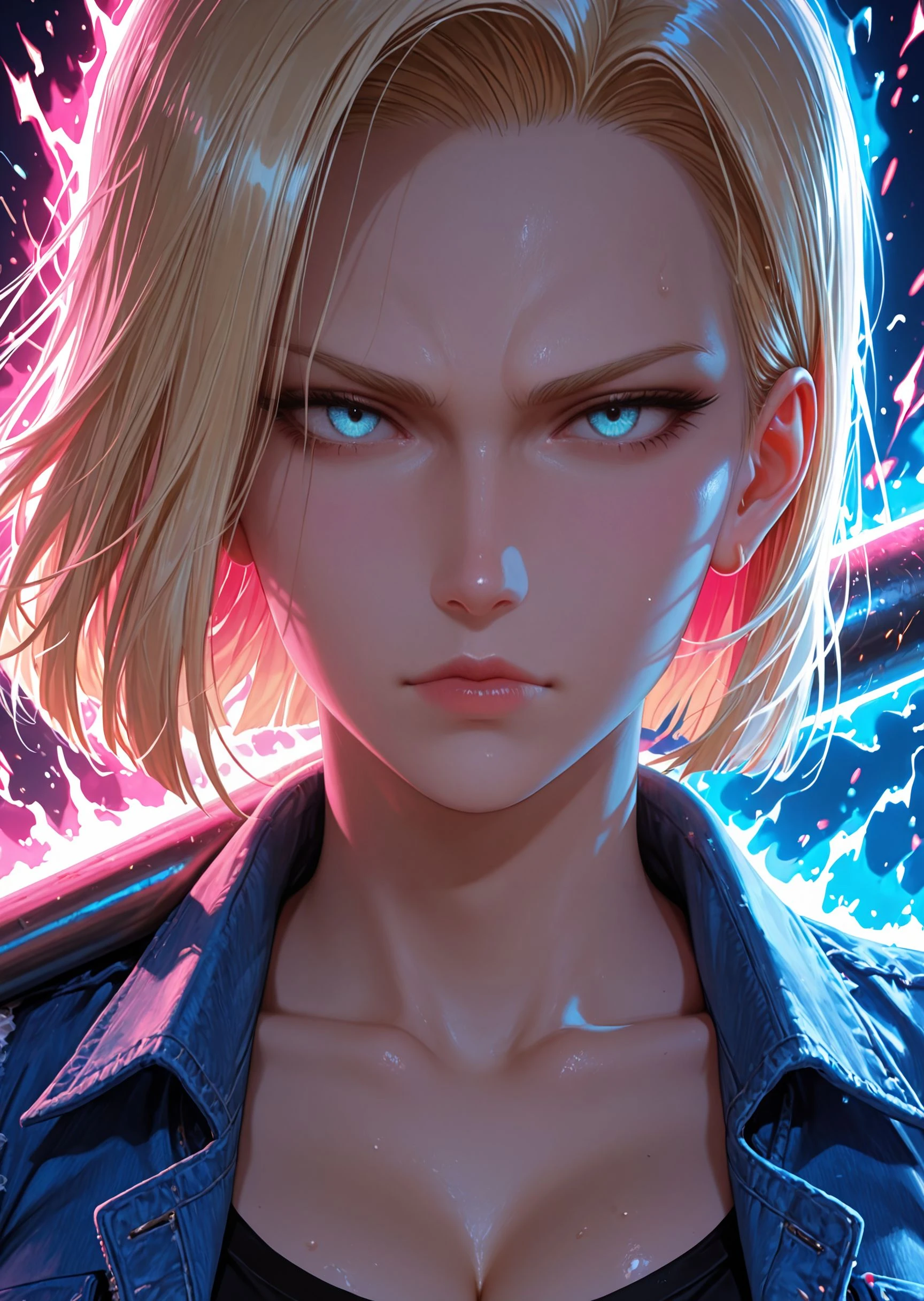 masterpiece, best quality, amazing quality, very aesthetic, masterpiece, best quality, amazing quality, very aesthetic, ((detailed eyes, perfect eyes, realistic eyes)), BREAK, android 18, (baseball bat on shoulder), looking at the viewer, (serious face), neon ((pink)) and blue theme, sparks, aura, energy, close up