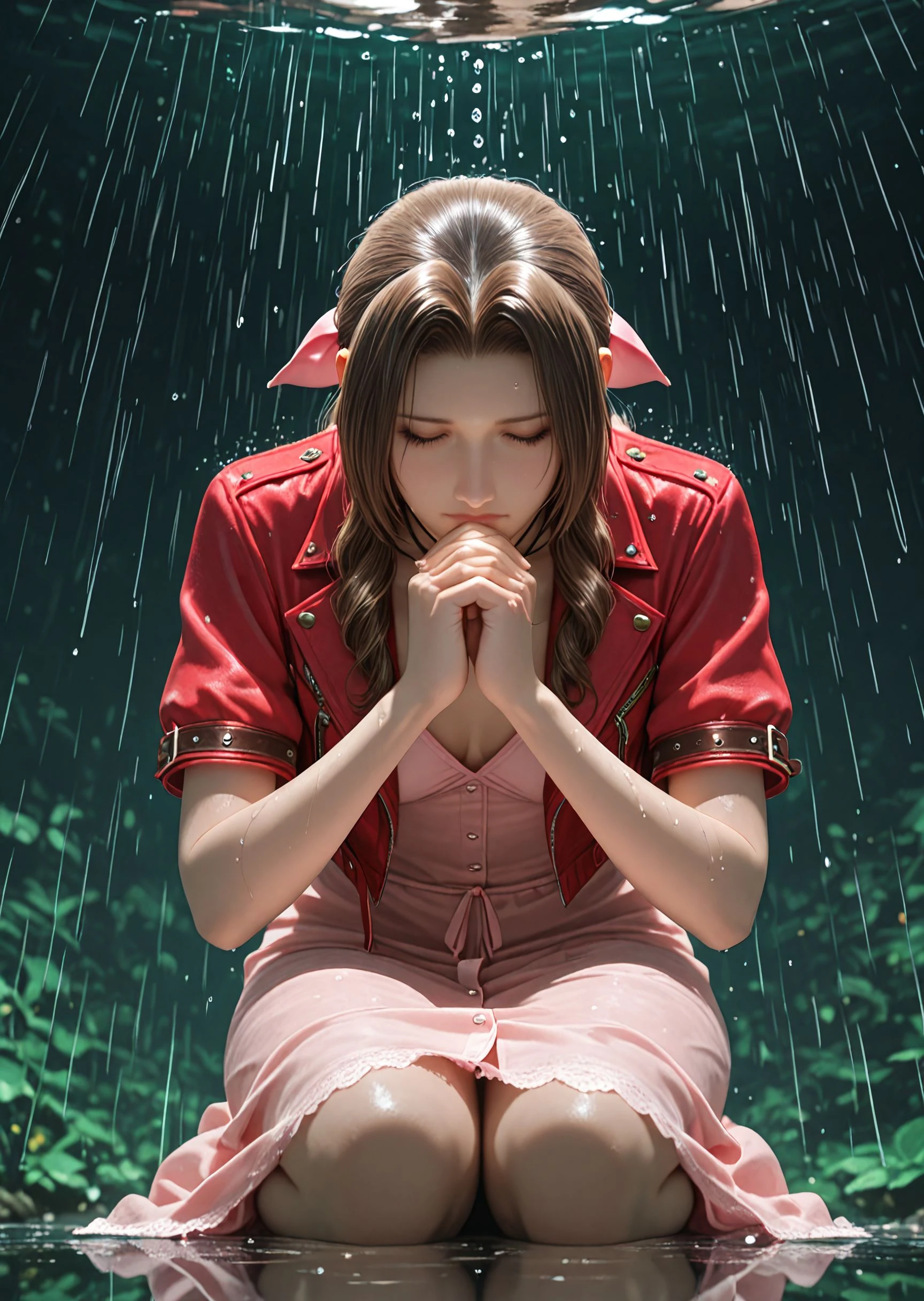 masterpiece, best quality, amazing quality, very aesthetic, masterpiece, best quality, amazing quality, very aesthetic, detailed eyes, perfect eyes, realistic eyes, BREAK, solo, 1girl, from below, aerith_gainsborough, praying, intense focus, joined hands, closed eyes, kneeling down, raindrops, droplets, (water droplets, slow motion, time stop:1.1), surreal background,  reflection, realistic, anime screencap, anime coloring,