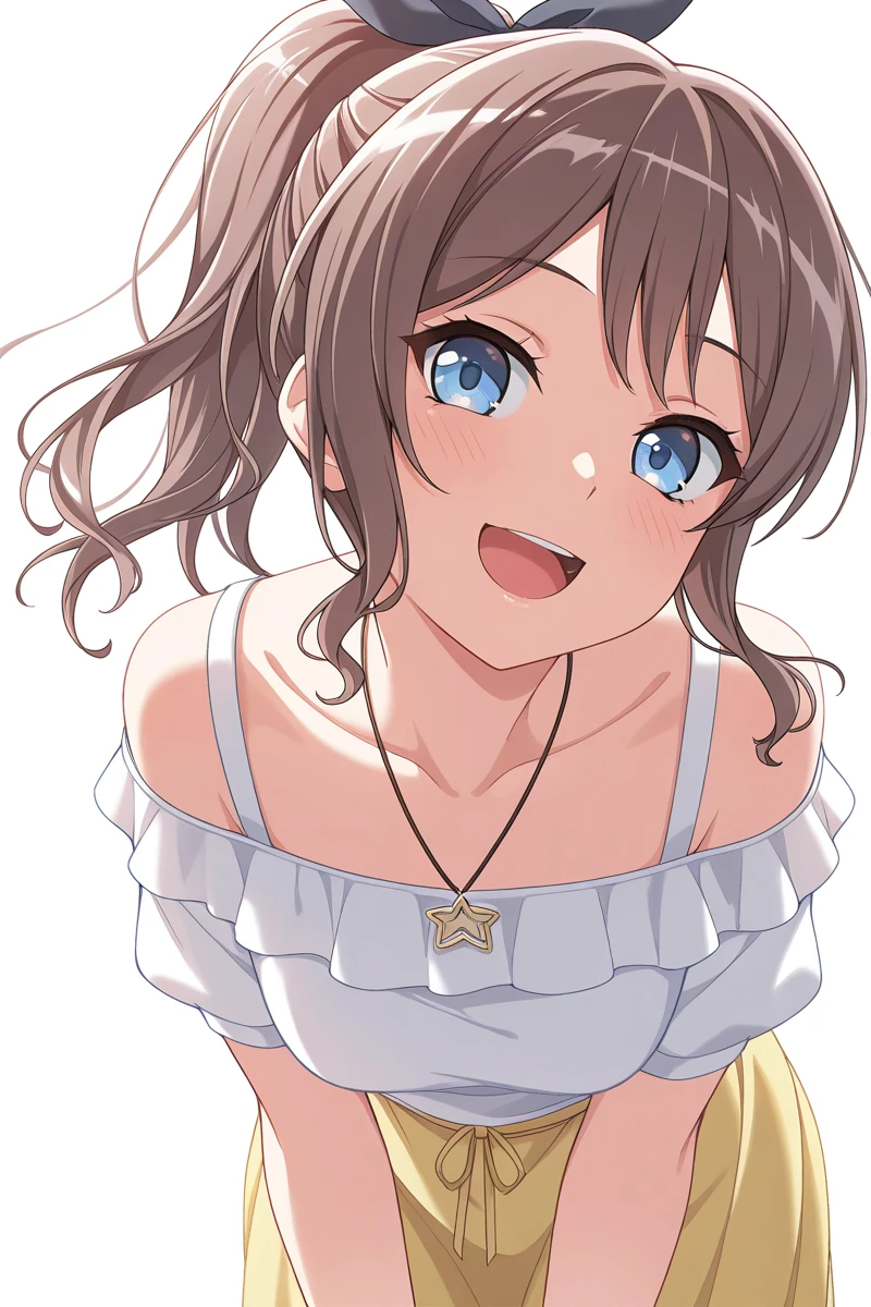 nsfw, (Top quality illustrations:1.2), (1 girl、17 years old、Mature), (1 girl、smile、Small breasts、Kind eyes)、Dark brown hair、short hair、Wavy Hair、Curly Hair、Low twin tails、Short pigtails、Summer fashion、from below, from behind