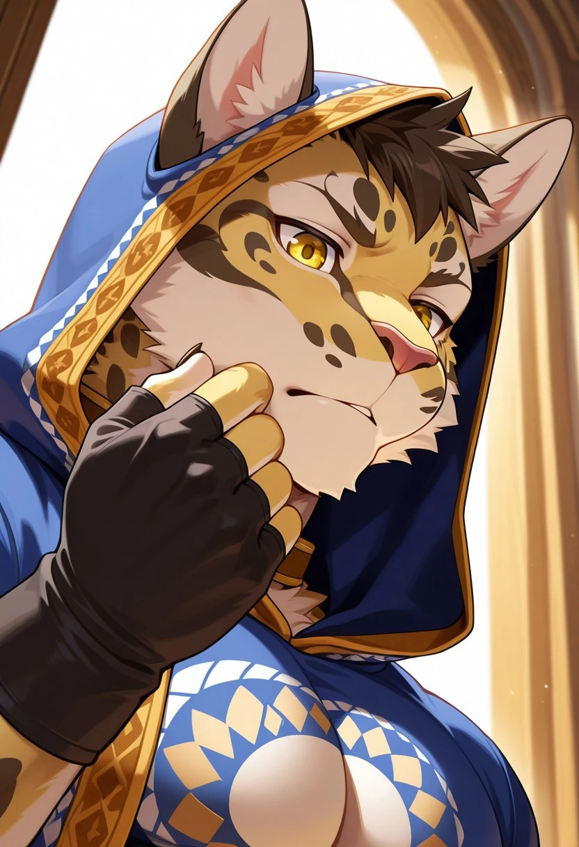 likulau, solo, furry, clouded leopard, tail, perfect eyes, yellow eyes, muscular, toned male, large pectorals, dynamic angle, face focus, portrait, close up, hood, fingerless gloves, unparalleled masterpiece, amazing quality, best quality, high detail, extremely-detailed, highres, beautiful, very aesthetic, depth of field, detailed background, detailed fur, detailed muscles, cinematic lighting, RAW candid cinema, side angle
