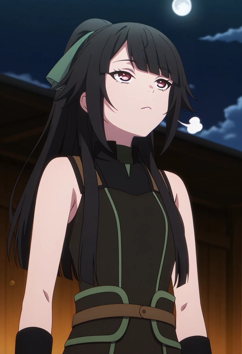 anime screencap,masterpiece,best quality,<lora:Jasmine Flamesworth _v1:1>,1girl,long black hair,bangs,high ponytail,green ribbon,red eyes,medium breast,| dark outfit |,green trim,green accents,brown belt,cinched waist,sleeveless top,high collar,turtleneck,arm warmers,elbow length gloves,fingerless gloves,form-fitting,black long pants,Anime screencap, masterpiece, best quality, female character, in a simple t-shirt, looking up at the sky, contented sigh, hair gently moving, night blurry background, soft cloud-covered moon bokeh, serene, peaceful, appreciative.,