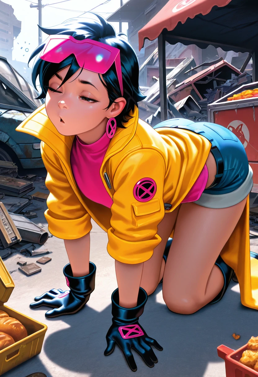 masterpiece, best quality, amazing quality, <lora:Jubilee-ILL:1> jblee1, solo, belt, gloves, shorts, boots, coat, pink shirt, tinted eyewear on head,all_fours, raised_inner_eyebrows, sleepy, triangle_mouth, junkyard ,food_stand,, , , realistic,