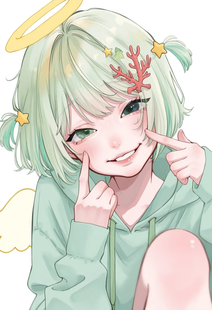 st003,
1girl, solo, looking at viewer, blush, smile, short hair, mint green eyes, pastel peach hair, multicolored hair, sitting, upper body, teeth, parted lips, soft coral lips, mint green hoodie, halo, lilac eyes, heterochromia, pastel yellow wings, star hair ornament, food-themed hair ornament, angel, virtual youtuber, simple background, head tilt, pointing at self, finger to cheek, fingersmile,
masterpiece, best quality, amazing quality,
<lora:style003-IL v7:1>