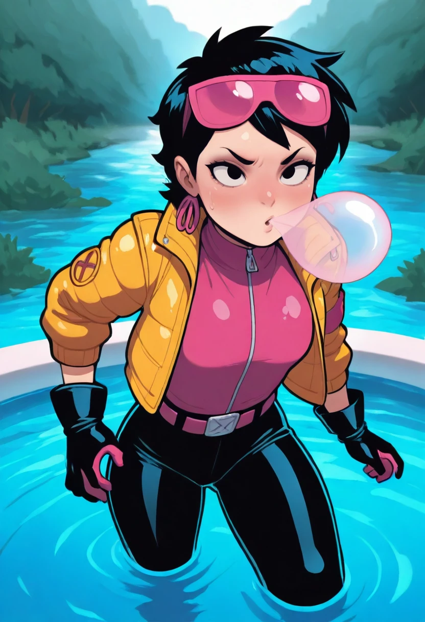 masterpiece, best quality, amazing quality, <lora:Jubilee-ILL:1> jblee1, solo, belt, gloves, , , jacket, , tinted eyewear on head,under_covers, pleading_eyes, coughing, blowing_bubbles, river ,pool,, , , ,
