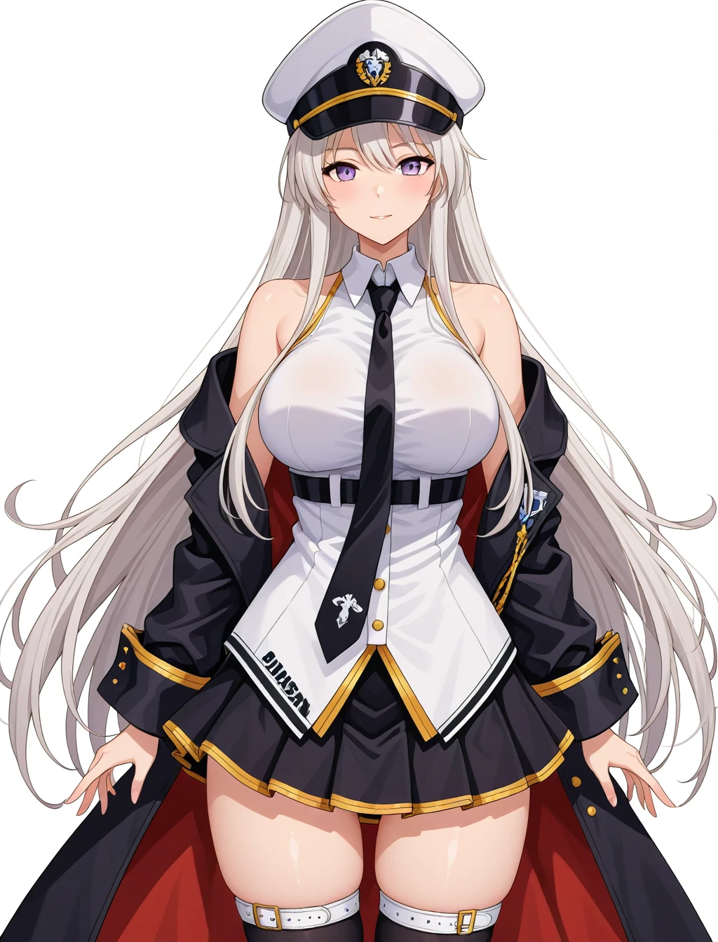 Nsfw, pussy, breasts, wet, best quality, masterpiece, highres, solo, {enterprise_azurlane:1.15}, long_hair, purple_eyes, white_hair, breasts, hat, bangs, large_breasts, sleeveless, necktie, smile, peaked_cap, white_headwear, black_necktie, blush, very_long_hair, hair_between_eyes, 1girl, bare_shoulders, black_coat, coat, collared_shirt, open_clothes, shirt, sleeveless_shirt, white_shirt, closed_mouth, looking_at_viewer, simple_background, upper_body, off_shoulder, open_coat, military_hat, white_background