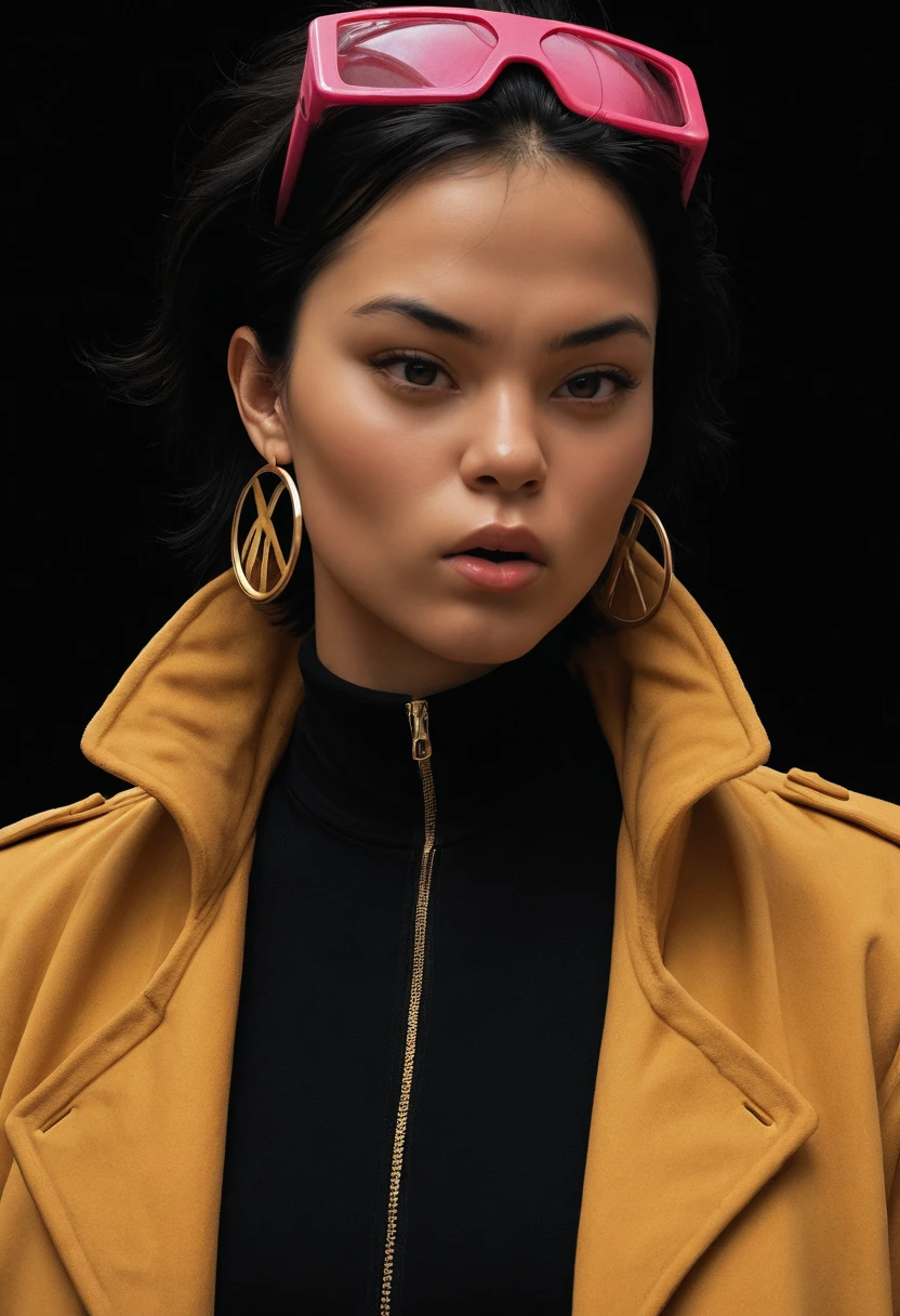 masterpiece, best quality, amazing quality, <lora:Jubilee-ILL:1> jblee1, asian, solo, portrait, black background, simple background, coat, tinted eyewear on head, blowing