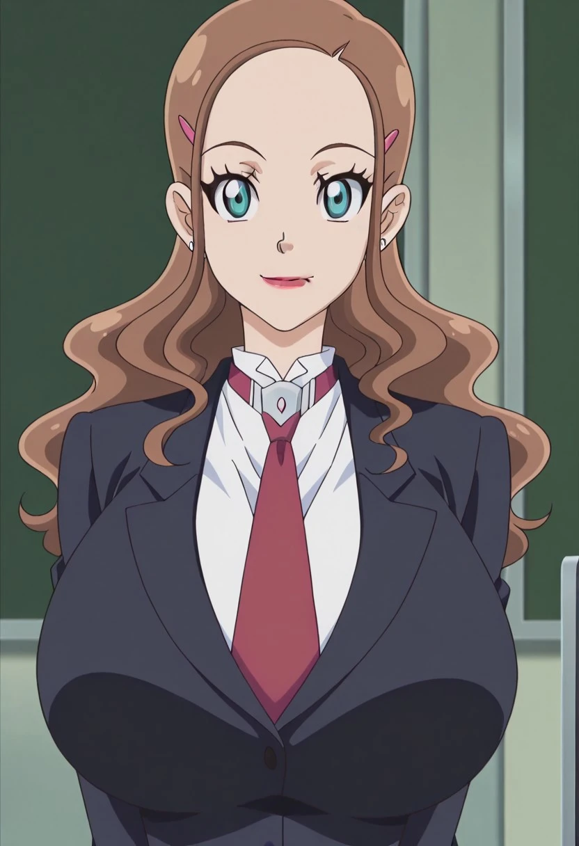 masterpiece,best quality,high quality,detailed,anime screencap,anime coloring,1girl,solo,RisaHayami,brown hair,long hair,wavy hair,hairclip,hair ornament,green eyes,makeup,lipstick,earrings,jewelry, school uniform,necktie,smile,huge breasts