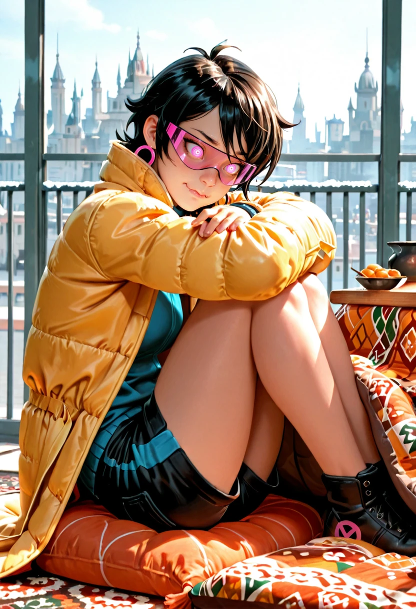 masterpiece, best quality, amazing quality, <lora:Jubilee-ILL:1> jblee1, solo, , , shorts, , coat, , tinted eyewear,fetal_position, mind_control, :), wavy_mouth, palace , kotatsu,, skyline, handrail , ,