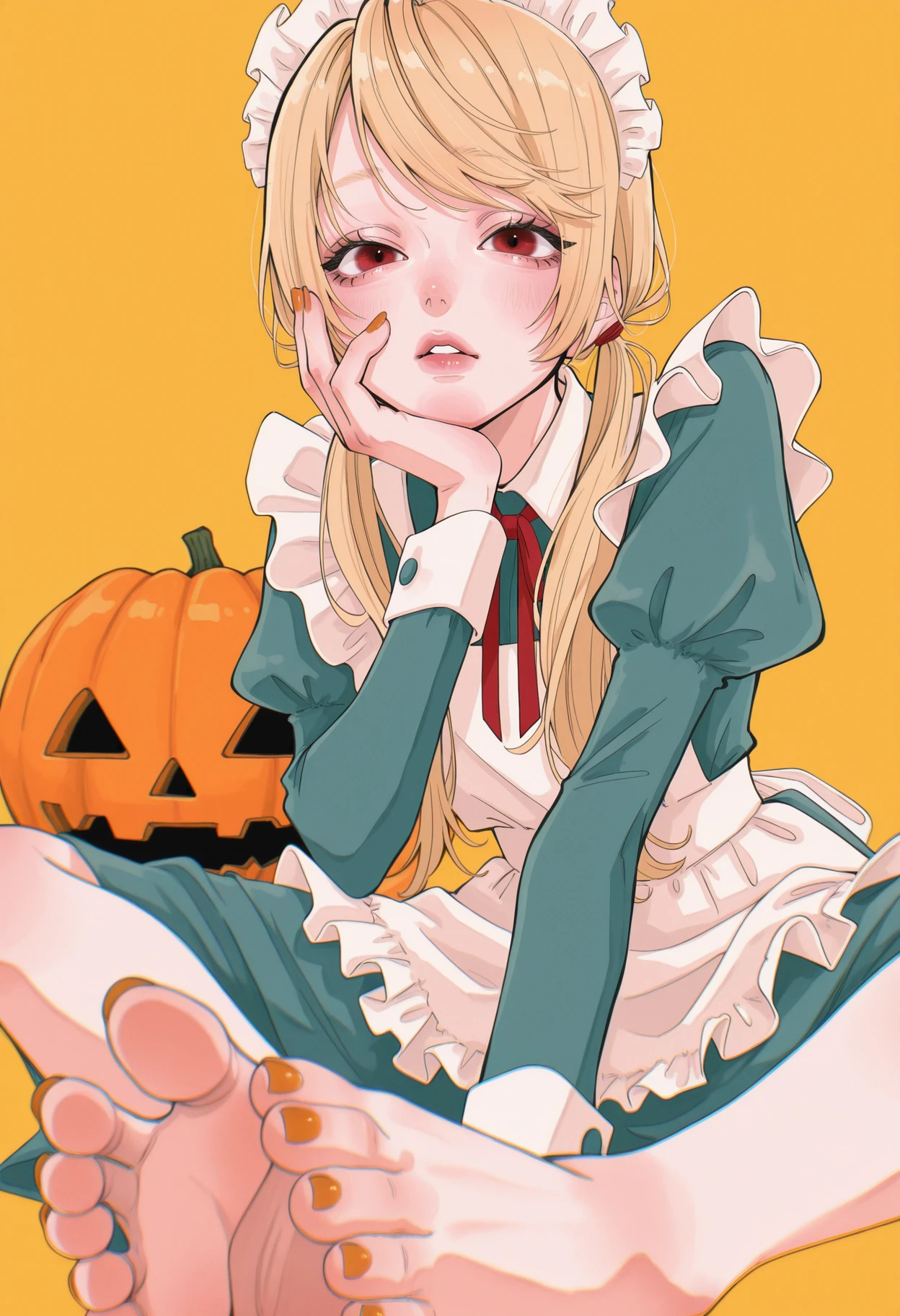 st003,
1girl, solo, long hair, looking at viewer, blush, blonde hair, long sleeves, red eyes, dress, ribbon, sitting, twintails, frills, parted lips, barefoot, puffy sleeves, hand up, nail polish, apron, feet, red ribbon, fingernails, eyelashes, lips, maid, toes, maid headdress, neck ribbon, swept bangs, blue dress, low twintails, juliet sleeves, white apron, yellow background, foreshortening, toenails, maid apron, hand on own face, frilled apron, green dress, pink lips, collared dress, simple background, on floor, toenail polish, foot focus, chromatic aberration, jack-o'-lantern, hand to own mouth, hand on own chin, sleeve cuffs, on ground, orange nails, aqua dress, brown nails,
masterpiece, best quality, amazing quality
<lora:style003-IL v7:1>