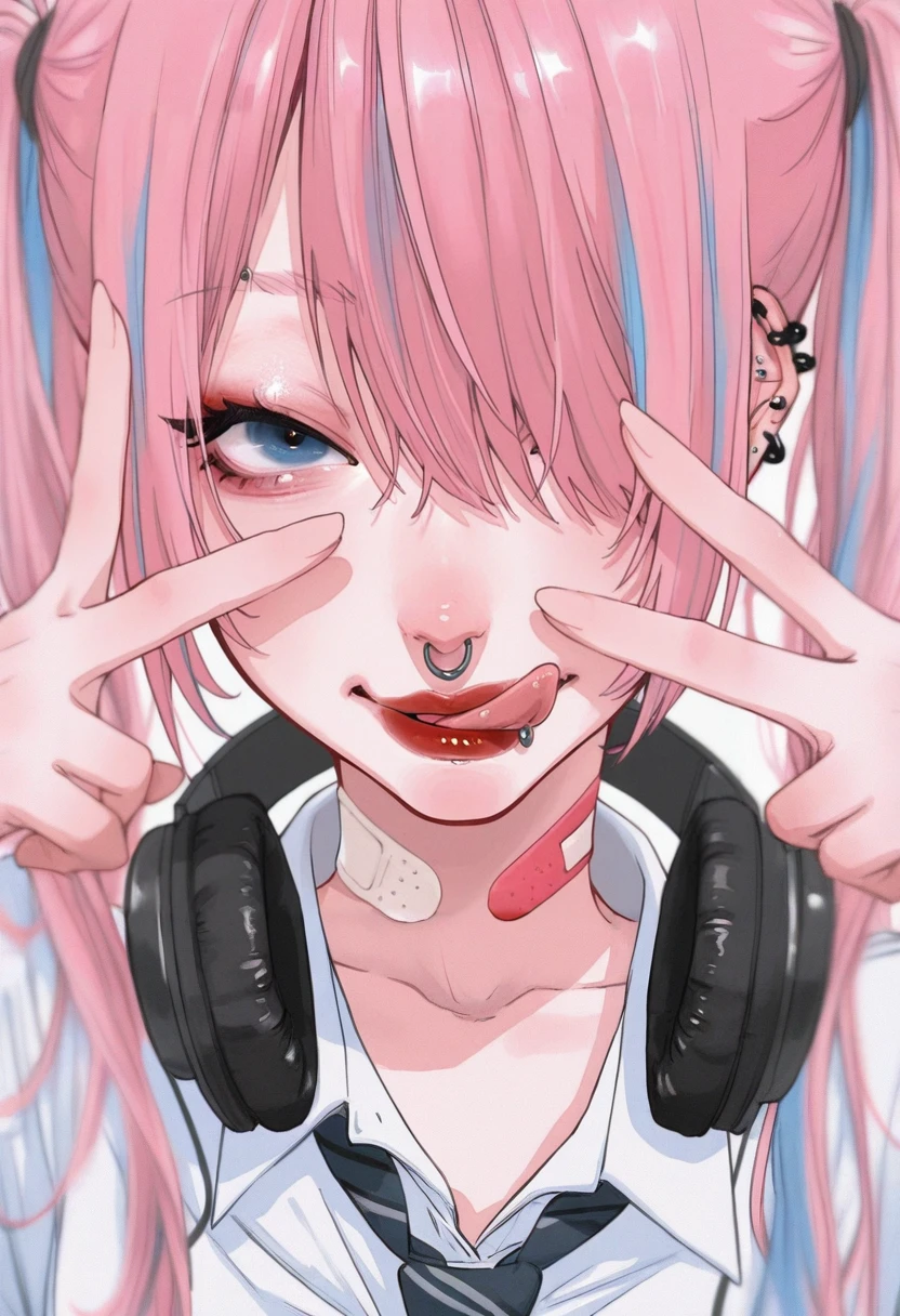 st003,
1girl, solo, long hair, looking at viewer, blue eyes, shirt, twintails, blue hair, school uniform, collarbone, white shirt, upper body, pink hair, multicolored hair, necktie, collared shirt, tongue, tongue out, hair over one eye, lips, v, makeup, headphones, piercing, portrait, ear piercing, lipstick, one eye covered, double v, licking lips, red lips, headphones around neck, monitor, striped necktie, tongue piercing, nose piercing, lip piercing, eyebrow piercing, nose ring, bandaid on neck,
masterpiece, best quality, amazing quality,
<lora:style003-IL v7:1>