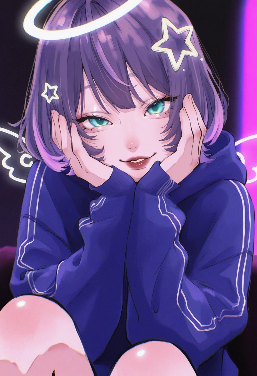 st003,
1girl, solo, looking at viewer, short hair, glowing aqua eyes, galaxy purple hair, multicolored hair, sitting, upper body, parted lips, electric rose lips, smile, hand near face,
magenta eyes, glowing cyan wings, star hair ornament, deep blue hoodie, halo, angel, virtual youtuber,neon background,
masterpiece, best quality, amazing quality,
<lora:style003-IL v7:1>