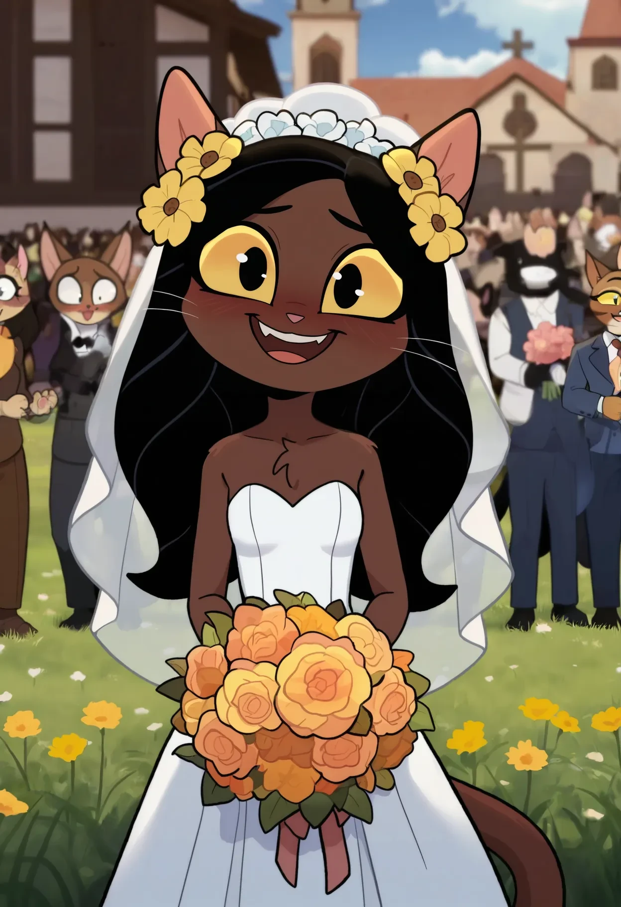 on model, screencap, soft shading, ivyc, 1girl, female, solo, black eyes, yellow sclera, brown fur, brown body, black hair, long hair, cat tail, furry, anthro, small breasts, wedding dress, excited, holding bouquet, blush, smile, happy, embarrassed, church, outdoors, field, wildflowers, sunny, crowd, celebration, flower in hair, veil, chest tuft, open mouth, looking at viewer, offering bouquet, pews, pedestrians,
<lora:Ivyv4Noob8s955:0.8>