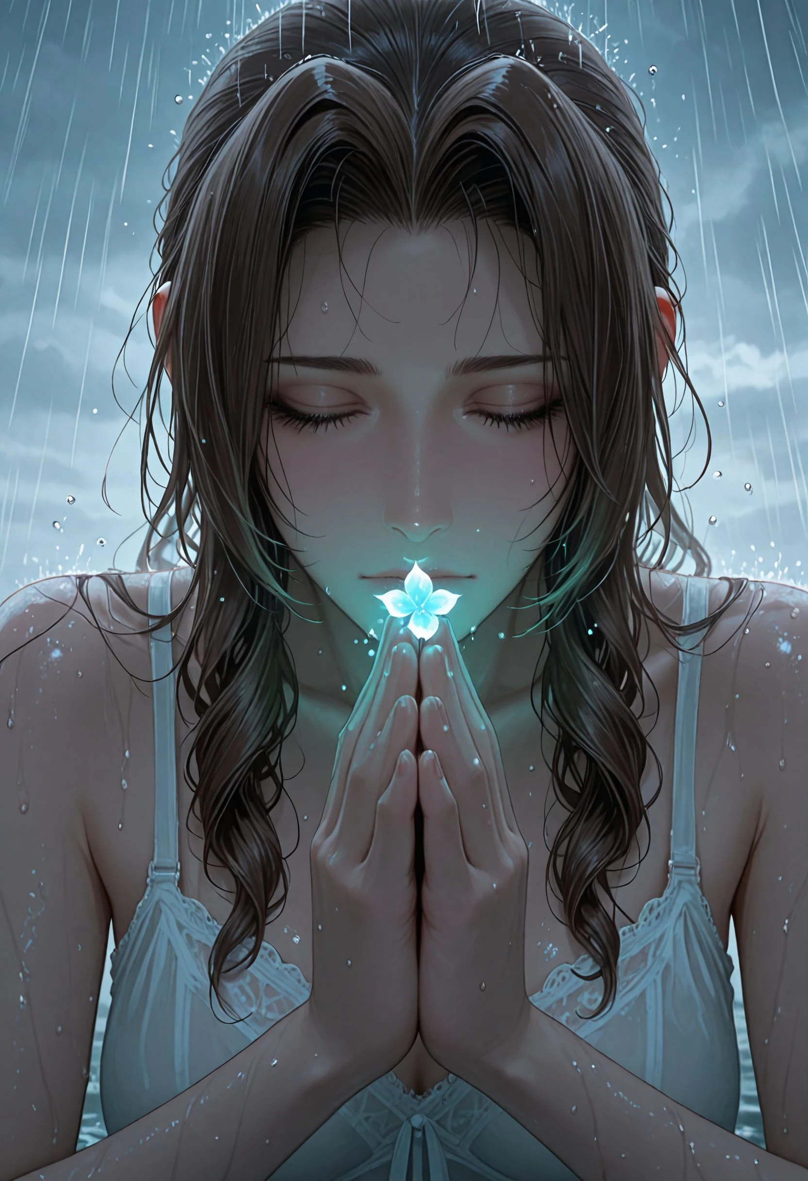 masterpiece, best_quality, amazing quality, newest, illustration, anime screencap, vibrant anime image, subject focus, line art, foggy, cold, cold weather, heavy rain, (water droplets, slow motion, time stop:1.1), surreal background, ethereal sky, cloudy sky, fantasy sky, dramatic lighting, cinematic look, reflection, realistic, anime screencap, anime coloring, clos_pers, close-up, perspective, masterpiece, very aesthetic, absurdres, water drop, masterpiece, best quality, amazing quality, very aesthetic, masterpiece, best quality, amazing quality, very aesthetic, detailed eyes, perfect eyes, realistic eyes, from below, aerith_gainsborough, green aura surrounding, blue ethereal, praying, intense focus, joined hands, closed eyes, kneeling down, raindrops, droplets,