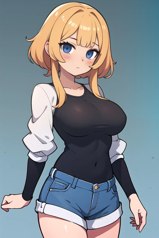 ((highres)), Masterpiece, high quality, best quality, beautiful, perfect lighting, detailed face, ultra cute face, ((1girl)), ((solo)), ((blush)), embarrassment, blonde hair, fluffy hair, blue eyes, crop top and shorts, tight clothes, clothes store, medium breasts, cleavage, perky breasts, (wide hips), ((thick thighs)), (chubby), fat folds, belly hang, smiling face, looking viewer