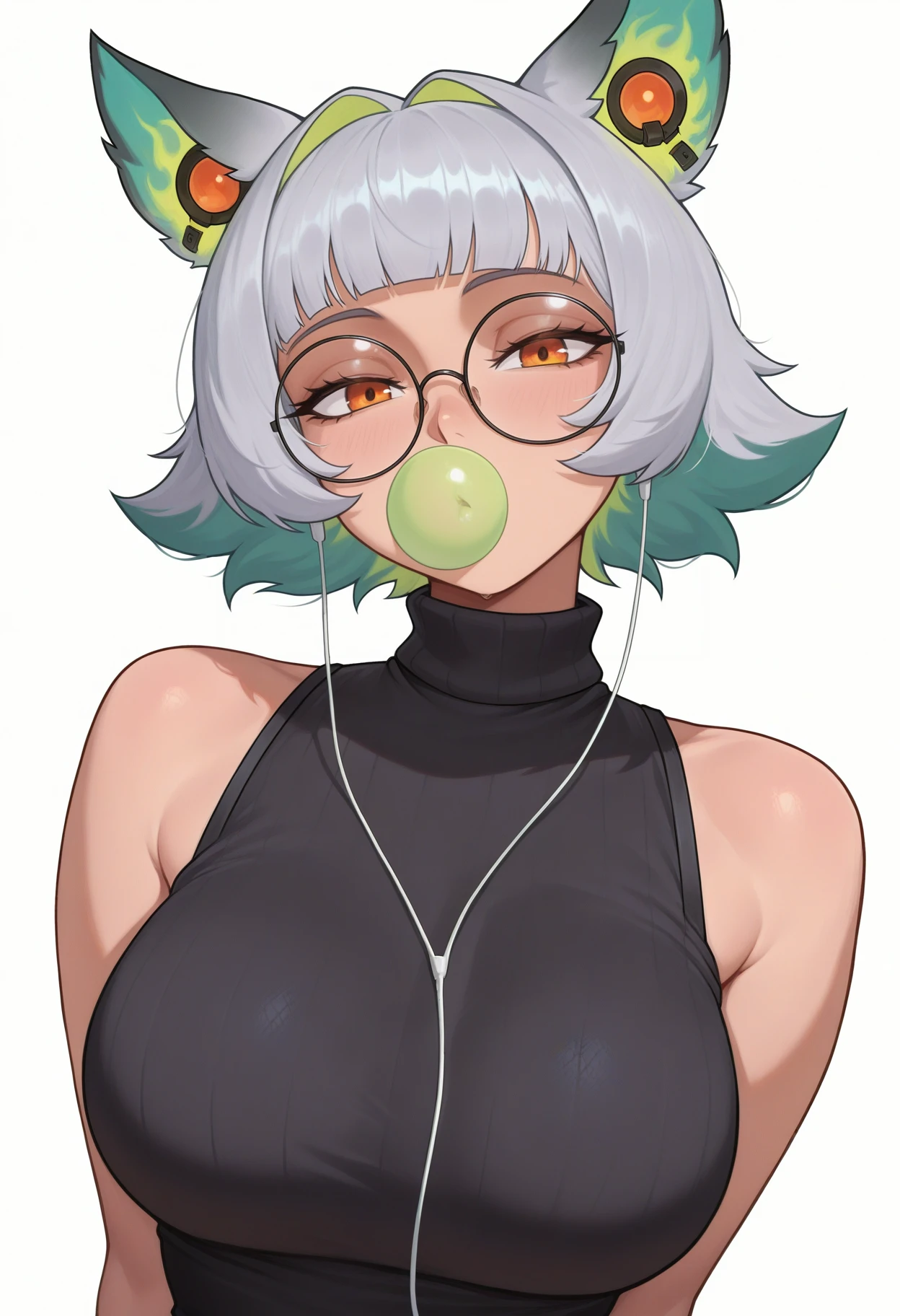 Oni girl, one horn in the center of the forehead, yellow eyes, glasses, cascading bob hairstyle, blond hair color, slightly plump figure, full breasts, narrow waist, curvy hips, close-up face, wide open mouth, cum drips from mouth onto chest, satisfied facial expression , plain background, background of one color, white outline around the character