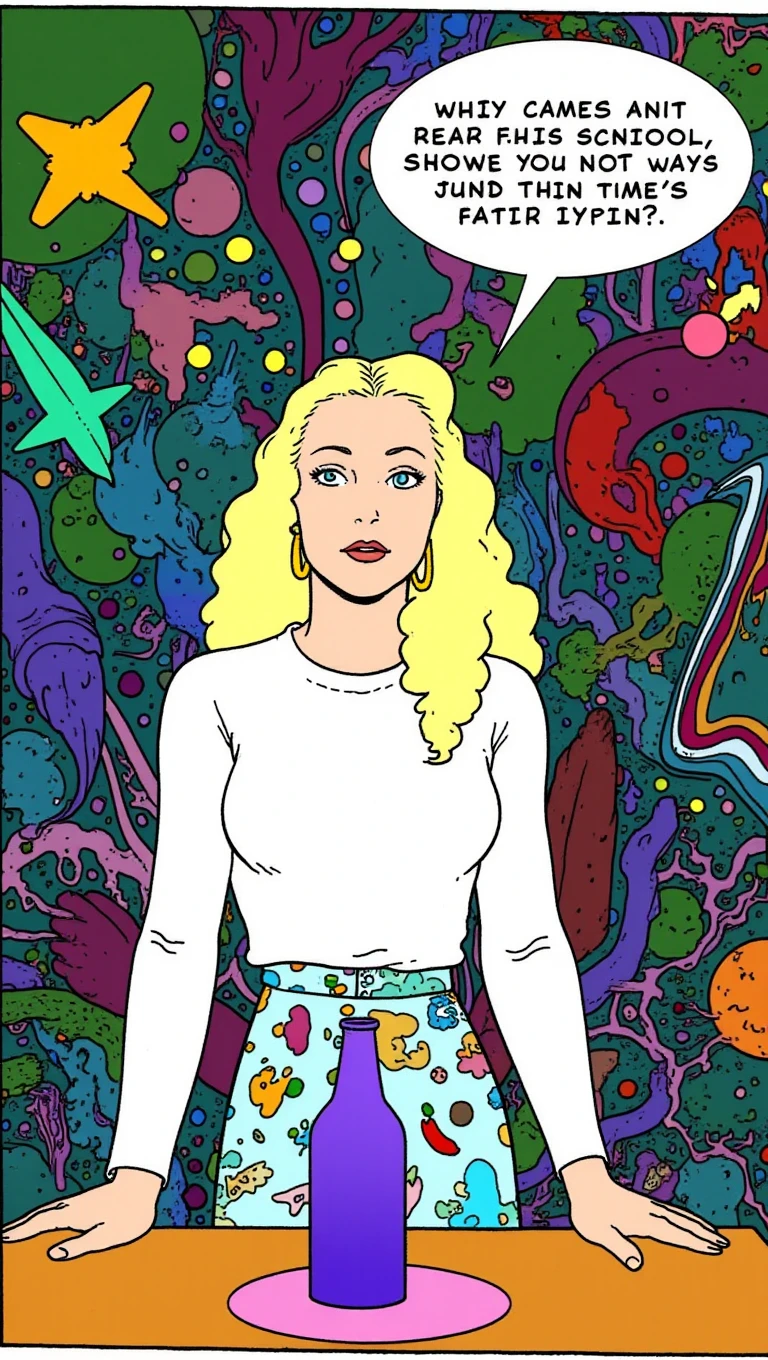 cartoon moebius illustration in mb artstyle, Comic-style illustration of a woman with curly blonde hair, wearing a white long-sleeved shirt and a patterned skirt, standing in front of a table with a purple bottle on it. She has a surprised expression, with a speech bubble above her head. The background is a colorful, abstract pattern with geometric shapes. The style is reminiscent of pop art. The woman is positioned in the center of the image, with the bottle on the table.