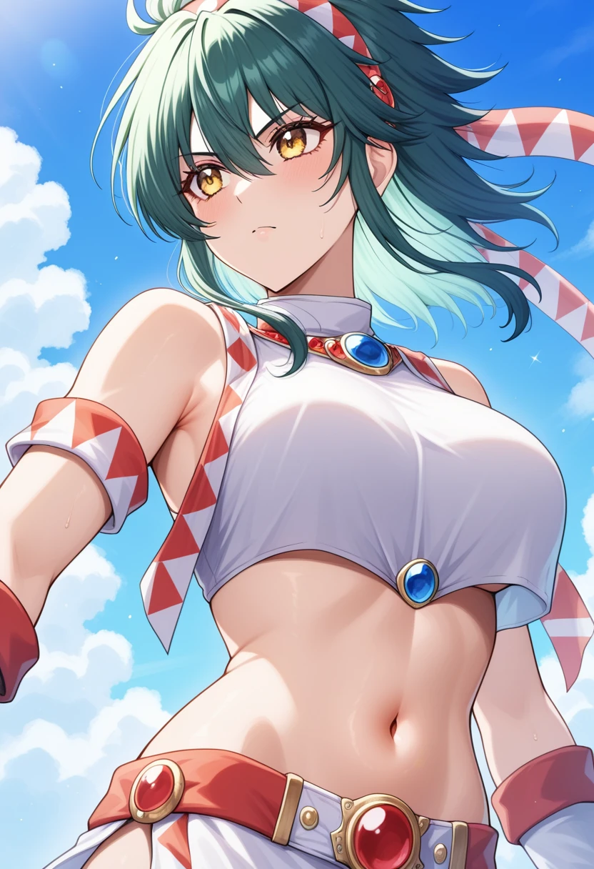 (((masterpiece))), ((highest quality)), (Very detailed), ((High resolution)), ((8k)), ((Anatomically correct)), One Girl, Baby Face, (Big Breasts), Brunette color hair, Double up braid, Long Hair, Long-haired and short-haired, Letting down your bangs, Very cute woman, delicate, Charming smile, Emerald Eyes, Best moment, Beautiful Skin, delicateな腕, Detailed skin texture, Intricate details, Very detailedな顔, Beautiful curves, Beautiful thighs, Sweating, View your viewers, A big smile, ((Cheerleader Outfits)), Schoolyard, (Have a cheerleader pom-pom), Beautiful standing posture, Model standing, See the whole picture, (red shirt and white miniskirt),