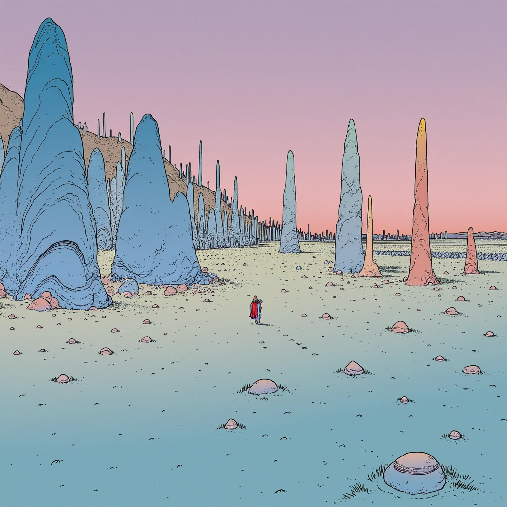 cartoon moebius illustration in mb artstyle, A vast, surreal desert stretches endlessly, dotted with impossibly tall and thin rock formations. The sand glows in soft pastel hues under a hazy, pink-hued sky. A lone traveler in flowing robes walks toward the horizon.