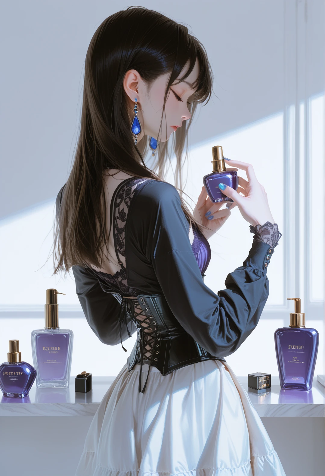 masterpiece,best quality,amazing quality,absurdres,aesthetic,newest,stylecrymachina, 1girl, solo, standing, wearing_perfume, holding bottle, holding perfume, purple bottle, perfume bottle, closed eyes, gliding_ruby_earrings, earrings, long hair, breasts, small breasts, blue nails, fingernails, nail polish, see-through, lingerie, black shirt, corset, belt, long sleeves, skirt, white skirt, upper body, from behind, realistic, <lora:None:1.0> <lora:crymachina_style_rouwei07_vpred_version_60:1.3000000000000003>