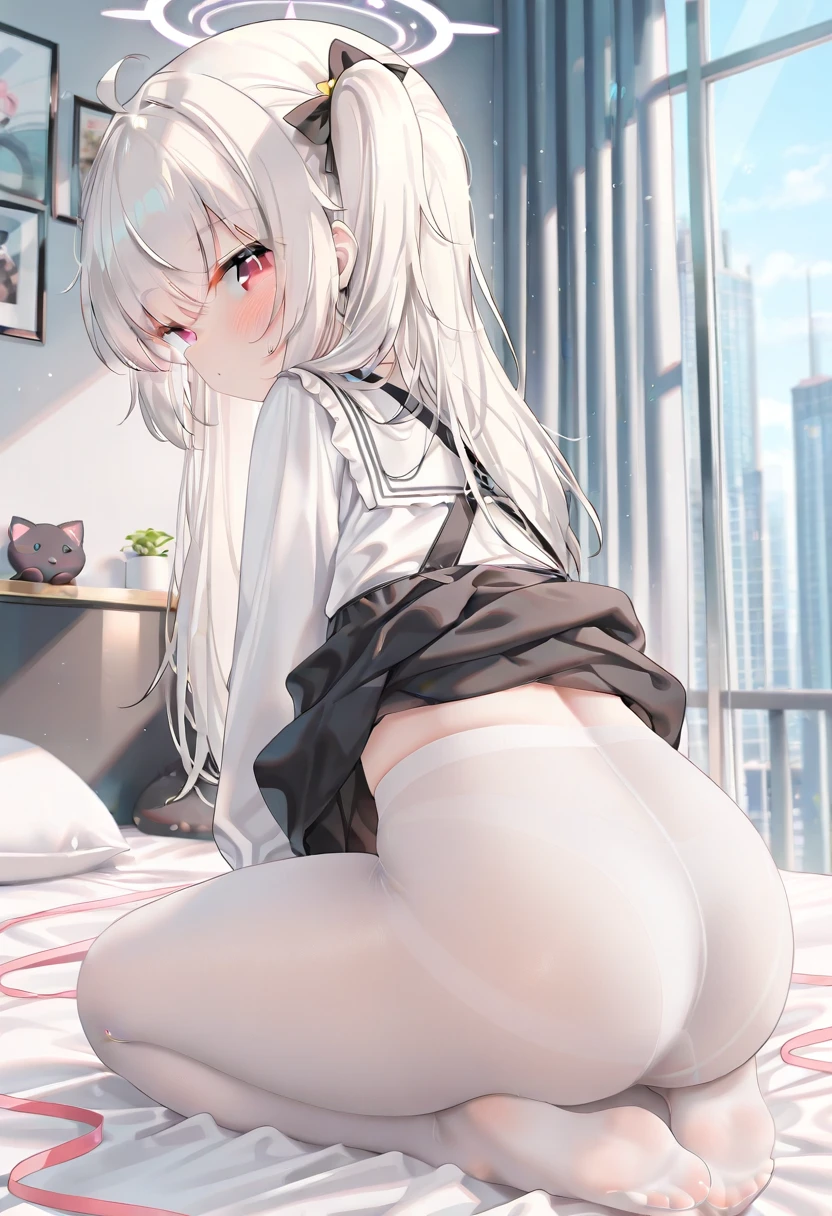 Anime girl, long white hair, bent over in doggy-style on her bed, spreading her butt cheeks to show her asshole and anus, good anatomy, smooth skin, bare legs, 8k, high resolution