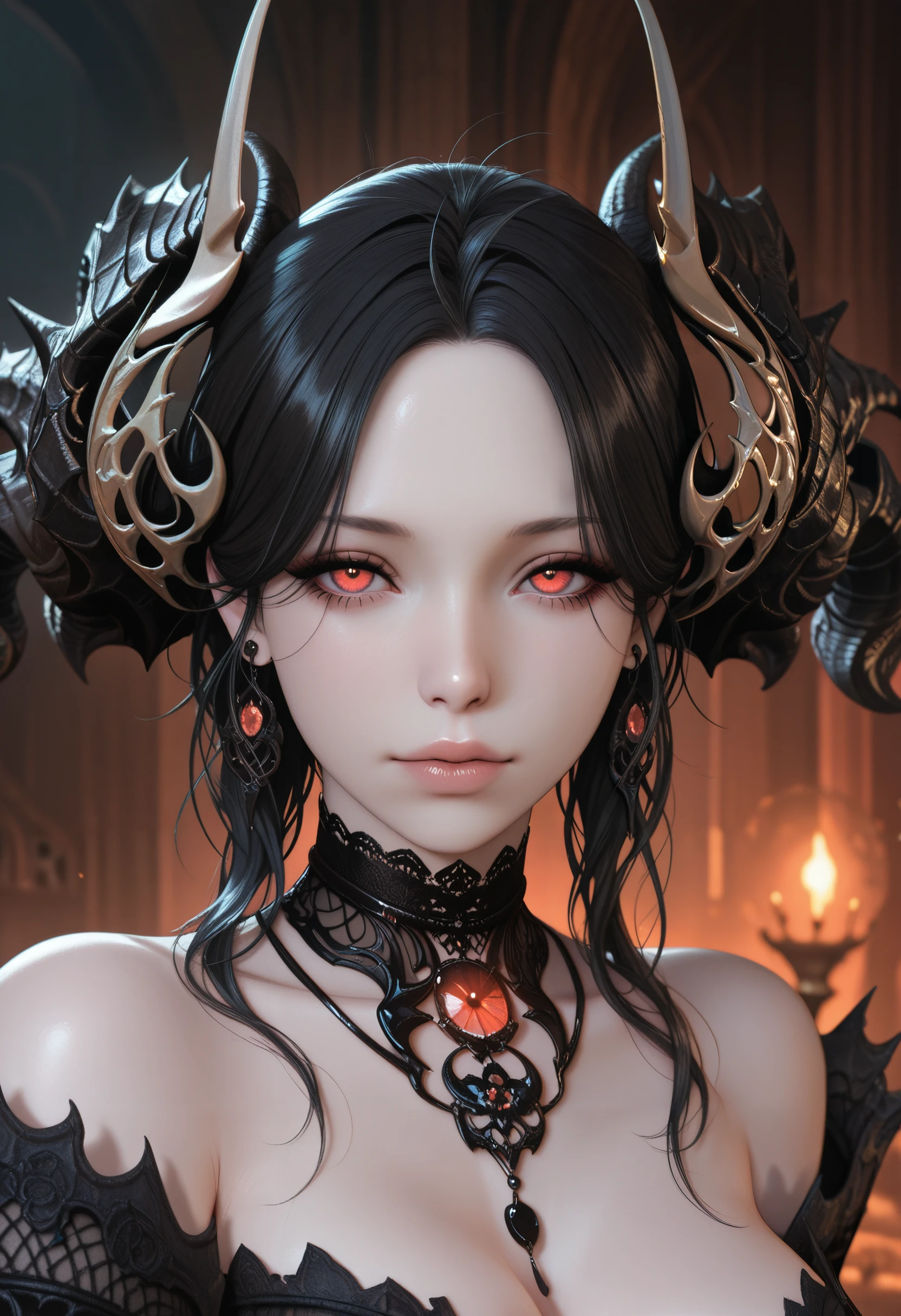 1 beautiful devil woman from hell, In the Dark: 1.6), surreal female portrait by David Hockney and Alphonse Mucha, fantasy art, korea doll, photorealism, dynamic lighting, artstation, poster, volumetric lighting, very detailed faces, 8k ultra, Awarded, in the dark, deep shadow, low key, cowboy lens, (Red phoenix dress: 1.4), long hair, black hair, bust, luxurious palace, Royal style, devil crown, red eyes make up very sharp and detailed, The most beautiful face, The breasts are very big and round and round, Super realistic, chinese women's clothing, polo neck sweater, Charming smile, The eyes are very well made up, guweiz, devil style, wearing black mesh socks, Ponytail with a bow tied at the back of the hair, Red black lips, Devil tattoo on shoulder, wearing a thin red and black robe, the landscape is overcast and thunderous, (Portrait), Close-up of the main character, (Background details 1.8),