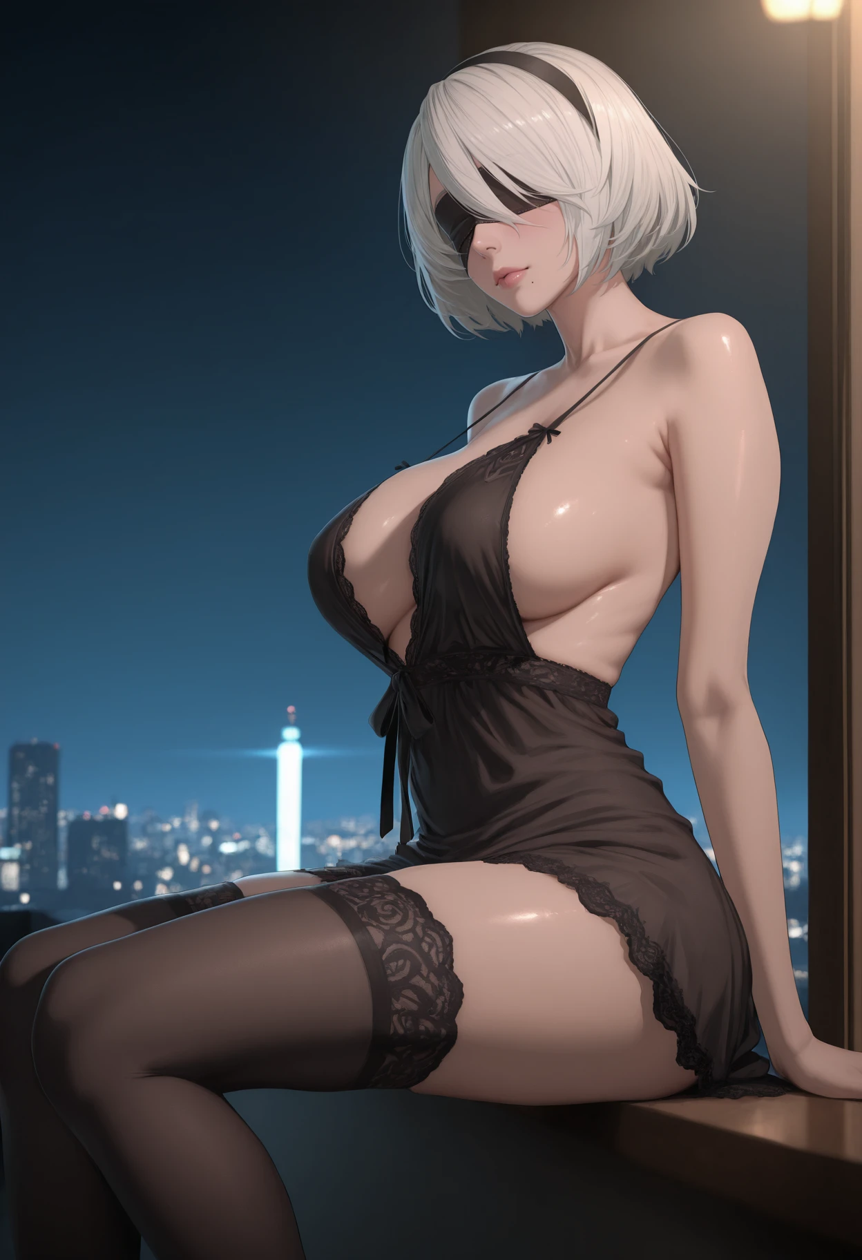 high detail, 1girl, 2b (nier), semi-transparent black negligee, thighhigh stockings, blindfold on, sitting on windowsill, night city background, blue moonlight glow, soft focus, full vertical pose, lace details, slight sideboob, elegant and mysterious, masterpiece, newest, absurdres, incredibly absurdres, best quality, amazing quality, very aesthetic, very awa, intricate details, skin details, detailed skin, (goosebumps:0.5) (blush:0.5) professional color grading, ultra detailed, soft subsurface scattering, stylized skin, cinematic lighting, moody contrast,(realistic, source_photo, RAW, CGI, :1.4) (anime style), anime coloring,
masterpiece,best quality,amazing quality,very awa,absurdres,newest,very aesthetic,depth of field,volumetric lighting,mature woman.morimee_style,