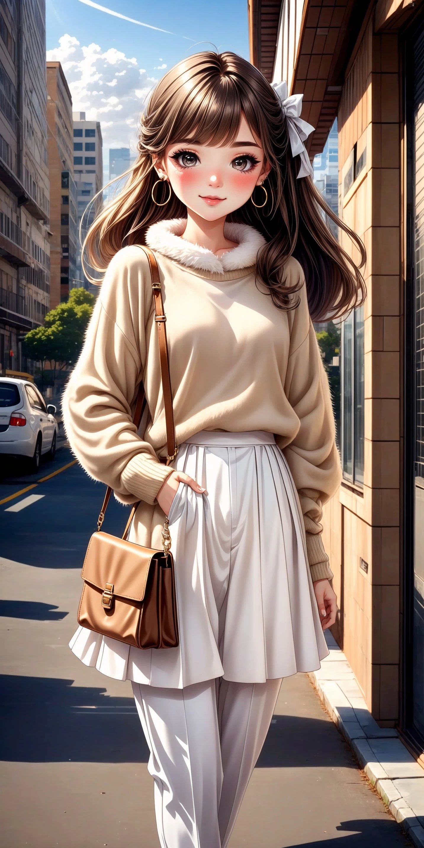 1girl, blushing, full face blushing, vanilla girl, (casual), dress, flowy dress, sweater, oversized knit sweater, fitted crop top, white button-down shirt, long maxi skirt, pleated skirt, long beige trousers, joggers pants, cardigan, trench coat, puffer vest, hair ornaments, headband, scrunchie, hairclips, light golden jewelry, hoop earrings, tote bag, crossbody bag, white sneakers, ballet flats shoes, slippers, fur-trimmed boots, uggs, <lora:more_details:0.7>, <lora:scene_:0.5>, <lora:FashionComplexityEnhancerLORAv1:0.4>, <lora:1e6d4319-7a2d-49af-87e1-a80f0274c759:0.6>, <lora:f7d08feb-f21d-42d0-9ef1-a9481867524d:0.3>, <lora:96073874-f082-4683-942e-601cecac5c40:0.3>, <lora:5844635f-c9c3-4f9e-85c4-d0d40f201159:0.3>, <lora:dde4416e-9f24-48d4-a965-d989baea5d73:0.2>, ,