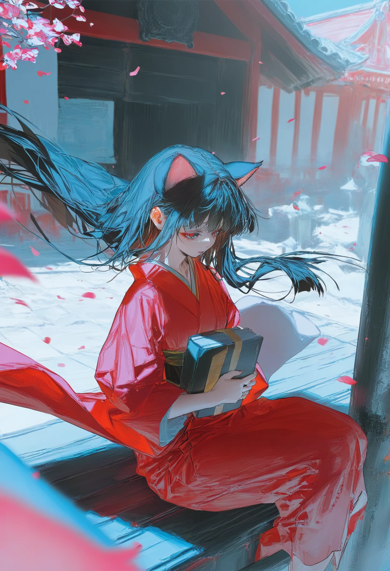 masterpiece,best quality,amazing quality,absurdres,aesthetic,newest,stylecrymachina, 1girl, floating_hair, cat_ears, kimono, holding_book, sitting, shrine, falling_petals, <lora:None:1.0> <lora:crymachina_style_rouwei07_vpred_version_60:1.7000000000000004>