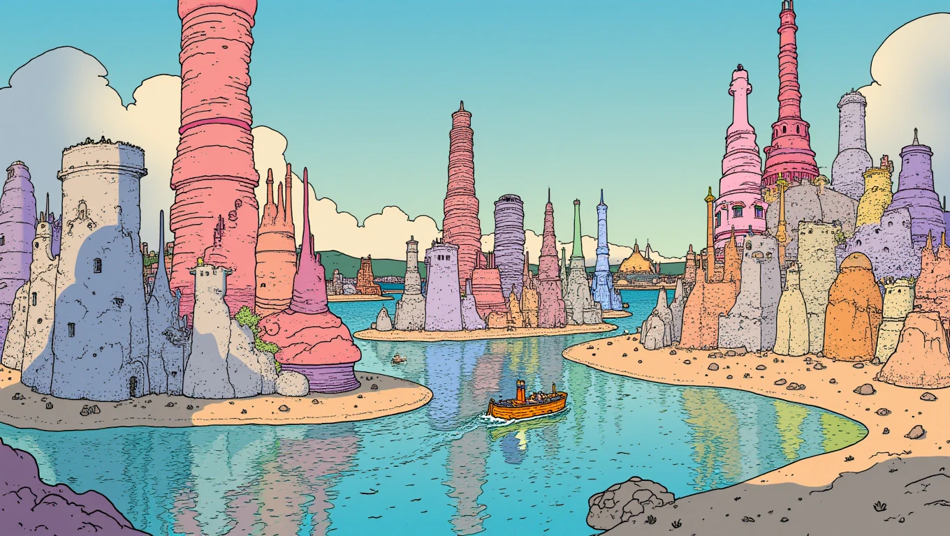 cartoon moebius illustration in mb artstyle, A surreal city with buildings stacked like puzzle pieces, painted in soft pastel colors. Spiral towers rise into the sky, and floating ships drift lazily between them.