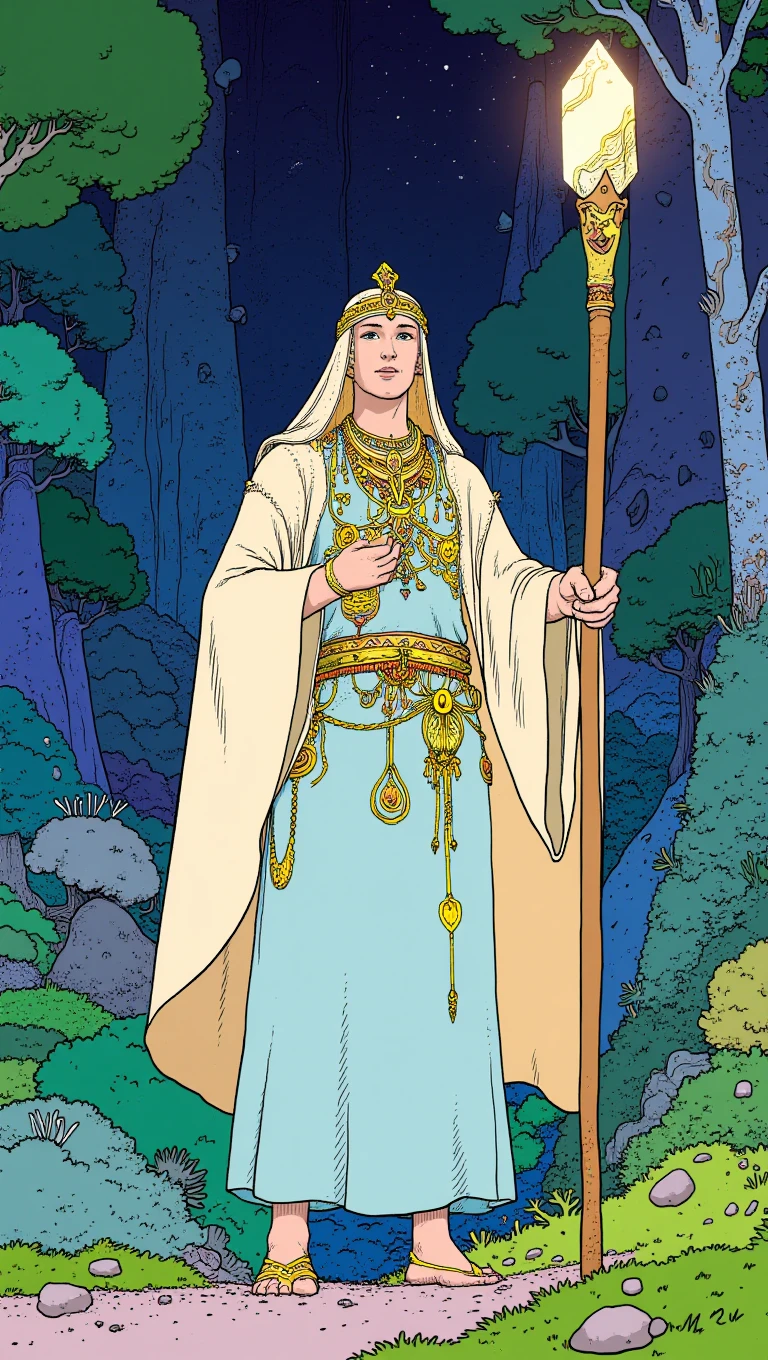 cartoon moebius illustration in mb artstyle, A spiritual guide in layered, flowing robes adorned with intricate patterns and golden jewelry. They hold a tall staff topped with a glowing crystal, standing in a dreamlike, alien forest.