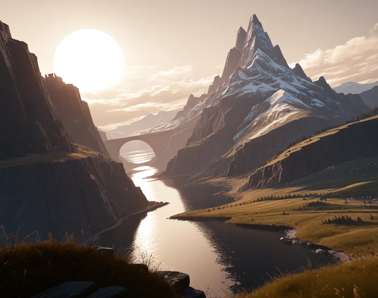 <lora:Tainted_Grail_(Landscape)_(Illustrious)_(AD):1> Tainted Grail, landscape, background,
exterior, no humans, dark fantasy, dutch angle, vivid landscape, town, lake, fantastical landscape with forests and farmlands, tall steep mountains,
BREAK: awe, masterpiece, best quality, amazing quality, very aesthetic, absurd details, source_anime, anime_masterpiece, vivid colors,
BREAK: lazympos, lazypos (3),