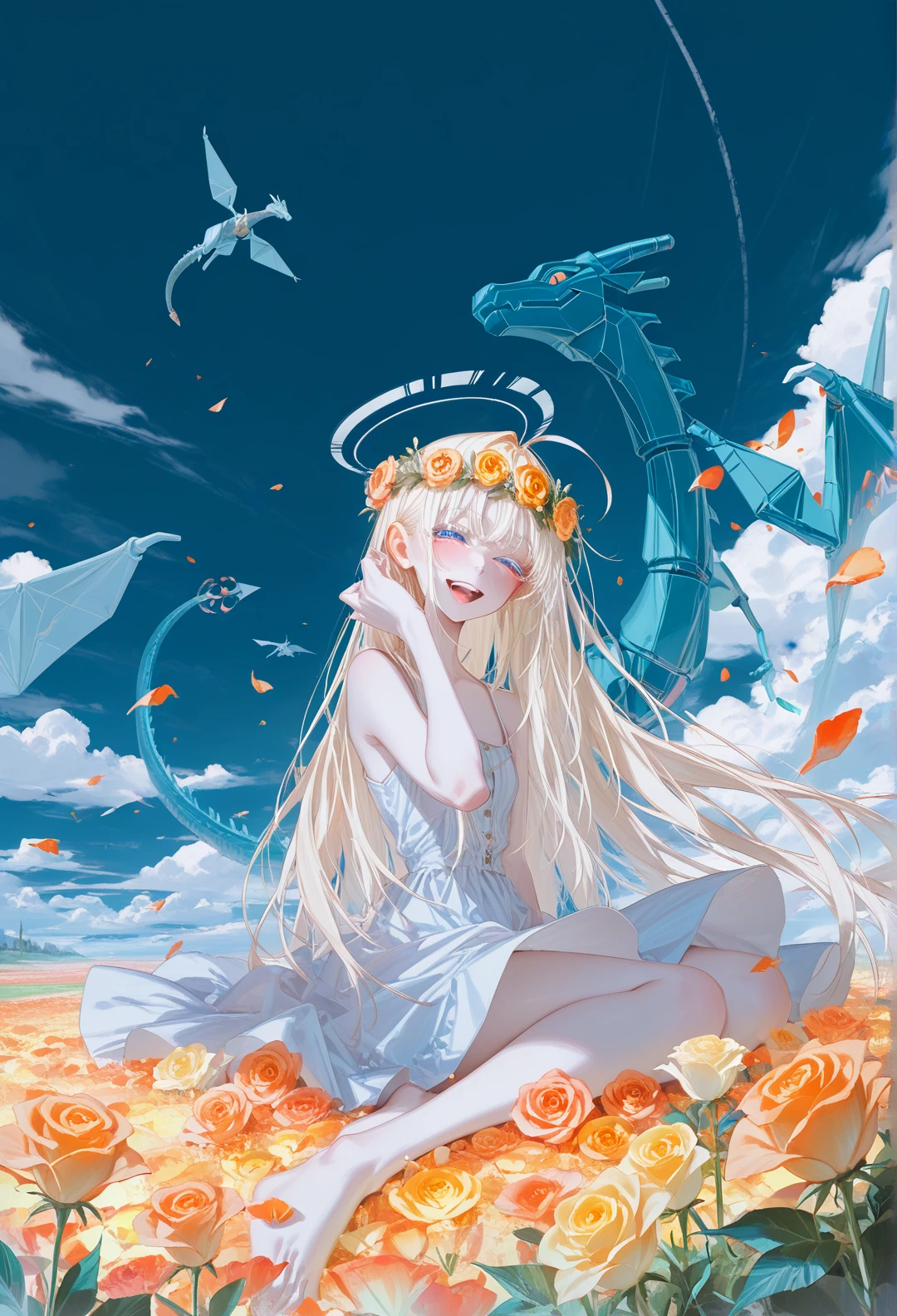 masterpiece,best quality,amazing quality,absurdres,aesthetic,newest,stylecrymachina, 1girl, solo, yokozuwari, hand up, hair tucking, smile, :d, looking at viewer, blue eyes, half-closed eyes, colored eyelashes, open mouth, upper teeth, happy, blush, blonde hair, choppy bangs, ahoge, very long hair, floating hair, halo, flower wreath, white sleeveless sundress, bare shoulders, flat chest, bare legs, full body, outdoors, day, blue sky, wind, flower field, falling orange petals, cloud, yellow rose, orange rose, origami dragon <lora:None:1.0> <lora:crymachina_style_rouwei07_vpred_version_60:1.4000000000000004>