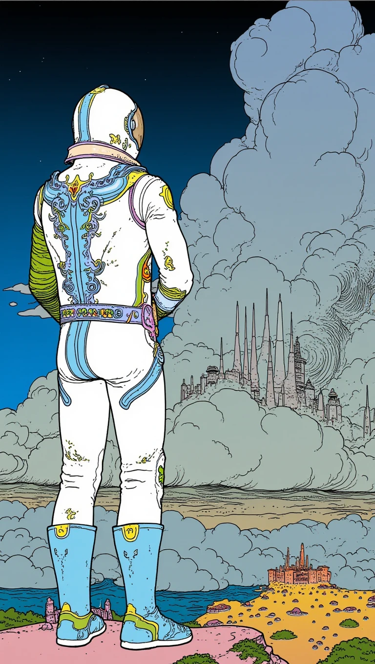 cartoon moebius illustration in mb artstyle, A sleek but highly detailed astronaut suit with exposed tubes, pockets, and intricate engravings. The explorer stands against a vast sky filled with surreal clouds, gazing at a distant city of spiraling towers.