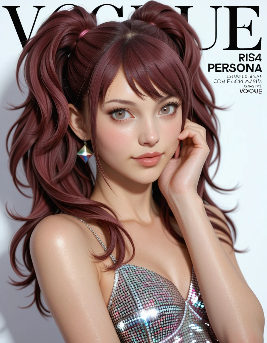 photorealistic, cinematic realism, ultra quality, masterpiece, (kujikawa rise \(persona 4\):1.5), japanese pop idol, fashion editorial pose, j-pop magazine cover, soft pastel backdrop, fashion-forward glitter outfit, sheer fabric, metallic micro skirt, crystal hair accessories, pigtails styled neatly, flawless skin, glossy lips, studio lighting, dramatic soft shadows, confident gaze, one hand on cheek, cover model expression, glamorous styling, vogue japan vibes, soft glow, front-facing portrait, elegant but playful energy