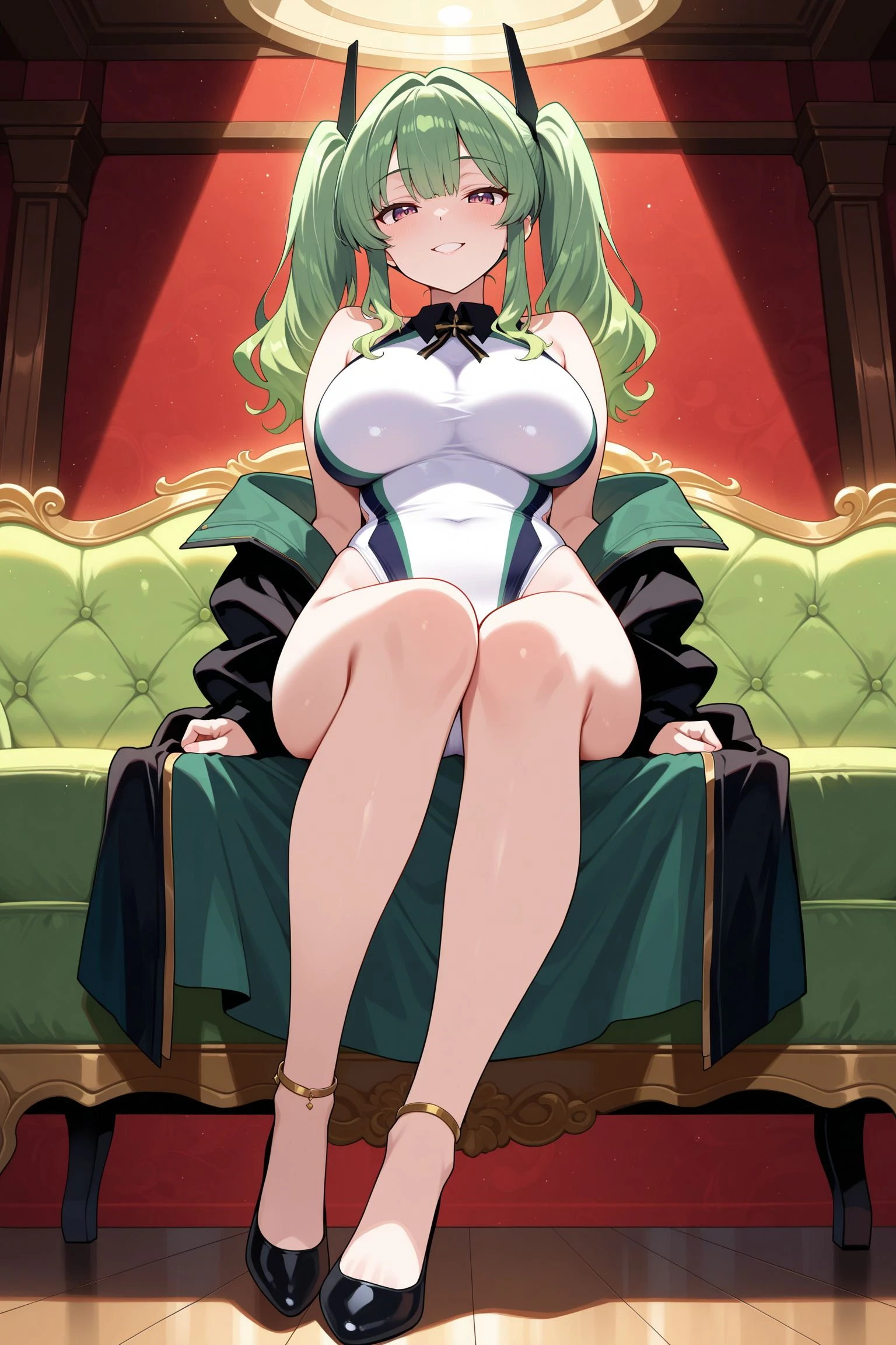 creates a 25-year-old kneeling girl in purple underwear with green hair and green eyes with a landscape of a luxurious room with wide hips and large breasts