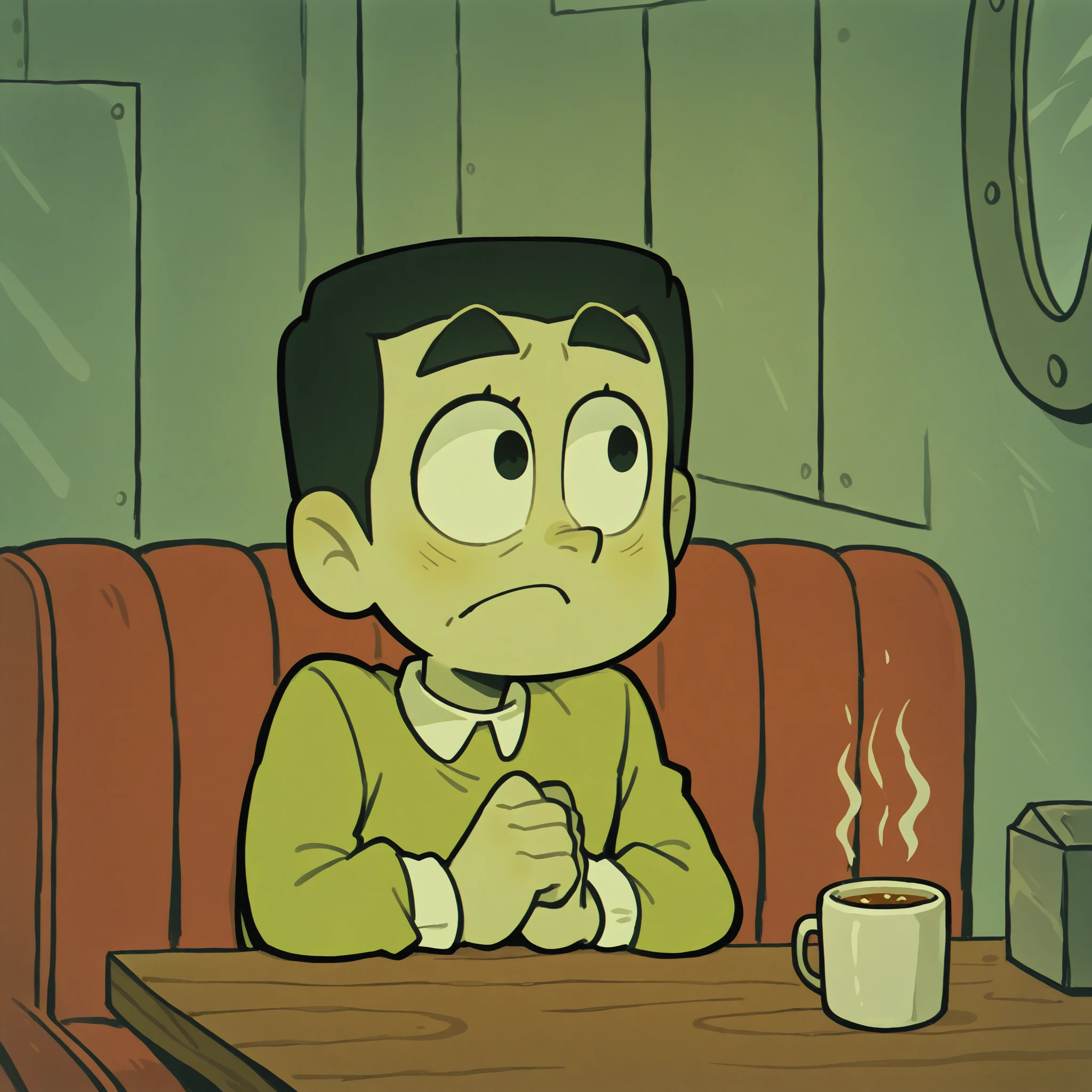 <lora:lasagnaBoy_Illustrious_Mlaofmd-10:1.0>, <lora:SpongeBob_In_diner_Illustrious:1.0>, masterpiece, best quality, newest, absurdres, highres, perfect anatomy, 1boy, lasagna boy, black hair, black eyes, green shirt, long sleeves, sergey004-concept, sitting alone in an empty diner, looking ahead with a thoughtful and sad expression on his face, hands folded on the table in front of a cup of hot drink, red sofas are visible in the background, sitting, sitting on a red sofa, monochrome, green theme