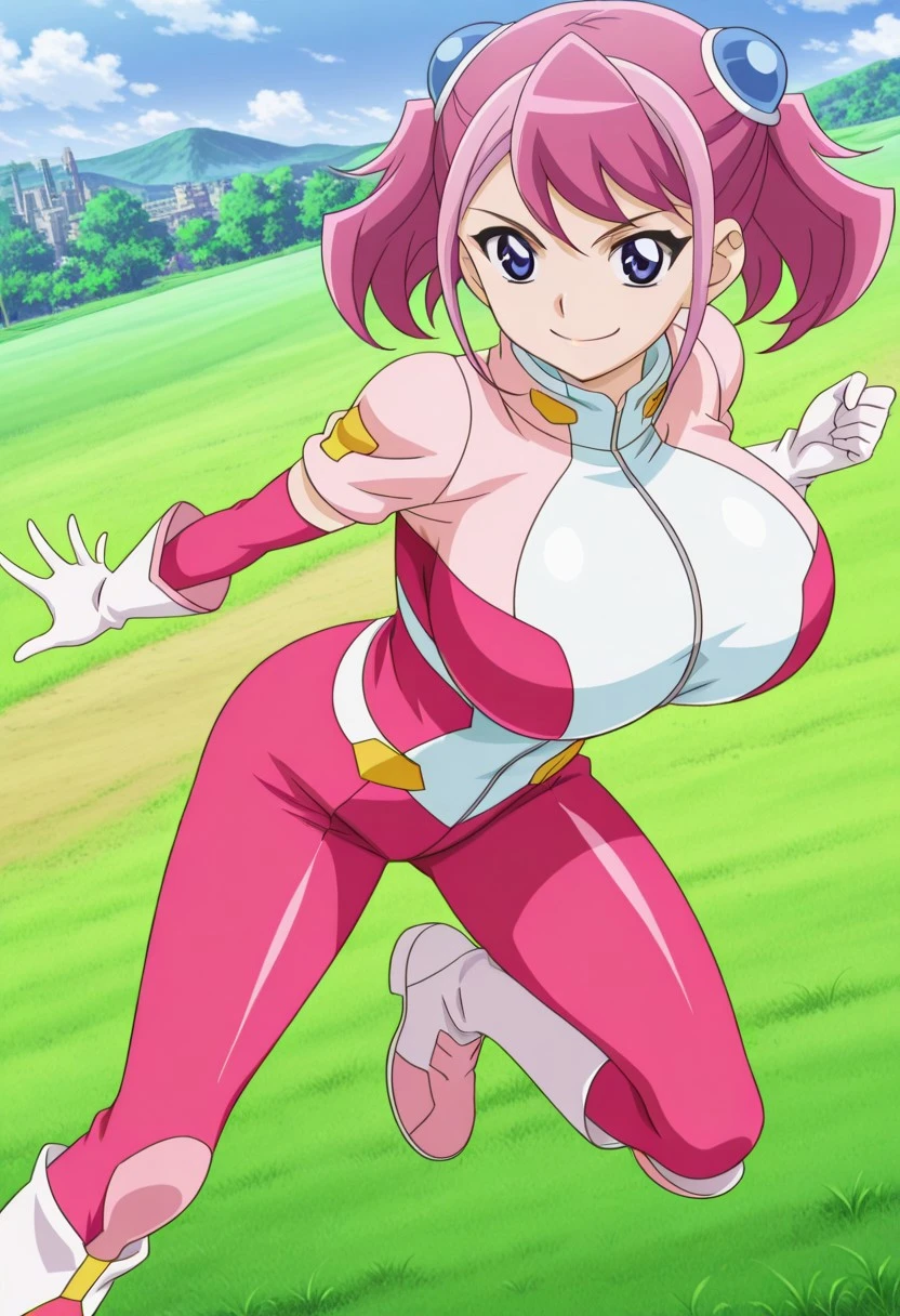 masterpiece,best quality,high quality,anime screencap,anime coloring,1girl,solo,zuzu boyle,pink hair,blue eyes,short twintails,two-tone hair,huge breasts,v-shaped eyebrows,smile,bodysuit,elbowgloves,pinkpantyhose,boots,dynamic pose