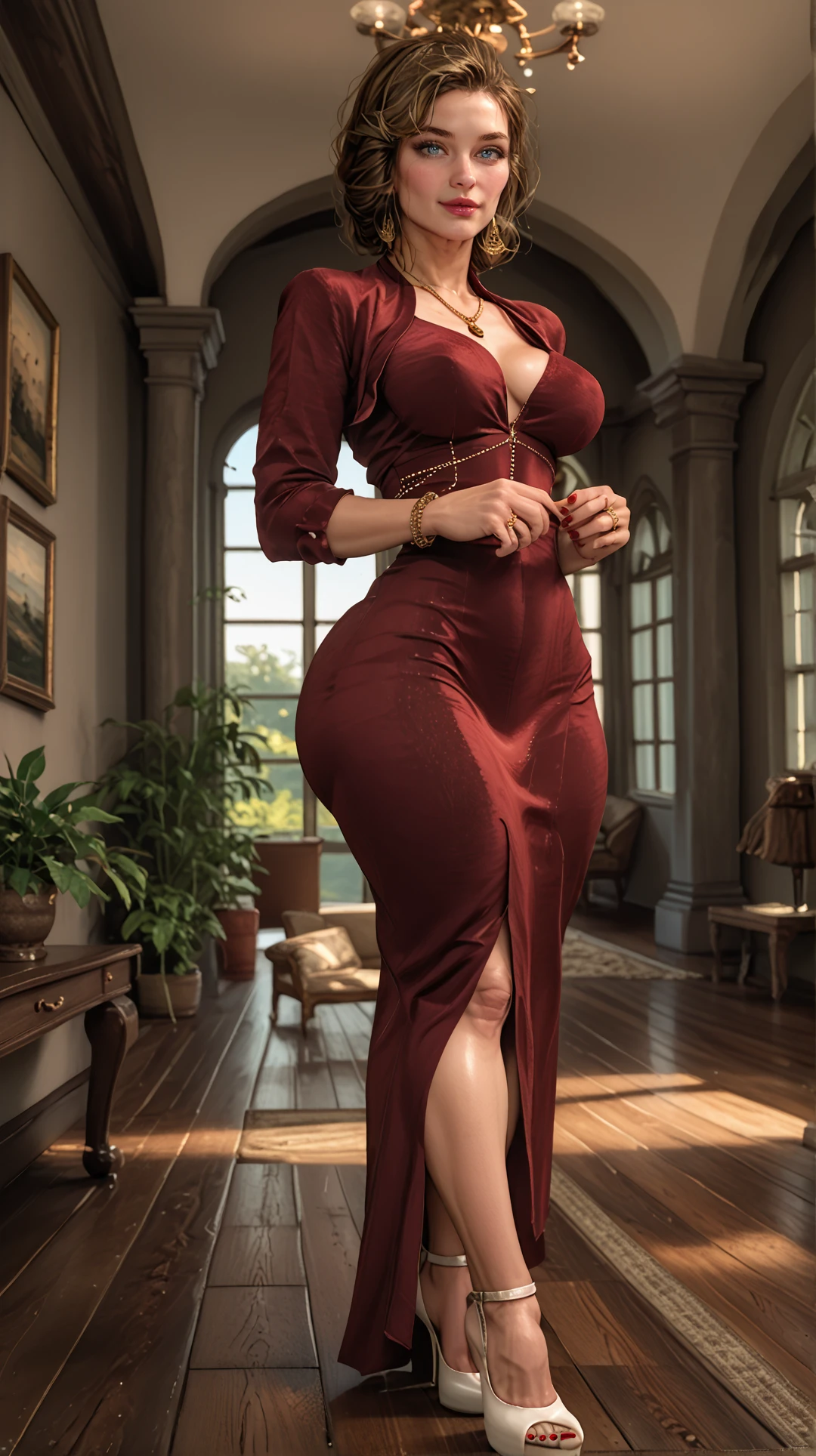 60-year-old sexy actress,ultra-realistic: full body, big boobs,with an emphasis on slender legs, beautiful hands and feet, invite the vision to the tone of the deep neckline of the elegant low-cute skirt, showing with class legs , wearing attractive sandals,sexy smile,standing sexy pose