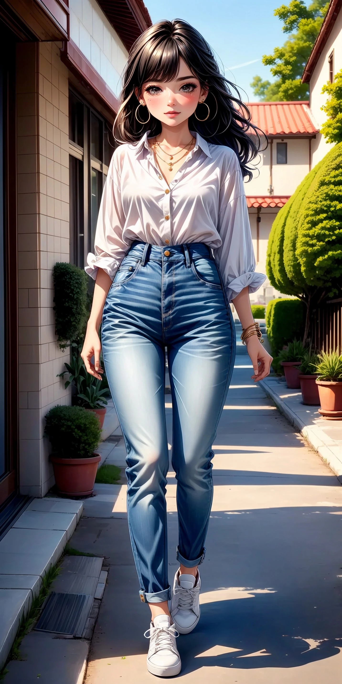 ((fullbody)) 1girl, blushing, full face blushing, clean girl, slicked back hair, forehead, light dewy makeup, shiny skin, (casual), simple dress, shirt, button-down shirt, white crisp blouse, long skirt, high-waisted trousers, denim jeans, blazer, light golden jewelry, earrings, hoop earrings, necklace, white sneakers, <lora:more_details:0.7>, <lora:scene_:0.5>, <lora:FashionComplexityEnhancerLORAv1:0.4>, <lora:59fedd6d-f5bd-4b2b-8859-213a35ce743b:0.6>, <lora:f7d08feb-f21d-42d0-9ef1-a9481867524d:0.3>, <lora:96073874-f082-4683-942e-601cecac5c40:0.3>, <lora:5844635f-c9c3-4f9e-85c4-d0d40f201159:0.3>, <lora:dde4416e-9f24-48d4-a965-d989baea5d73:0.2>, ,