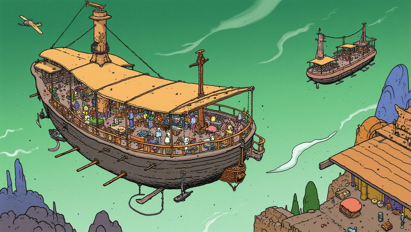 cartoon moebius illustration in mb artstyle, A bustling floating marketplace suspended in the sky, filled with bizarre airships docked at metal-and-wood platforms. Merchants trade rare interstellar goods under a greenish, swirling sky.