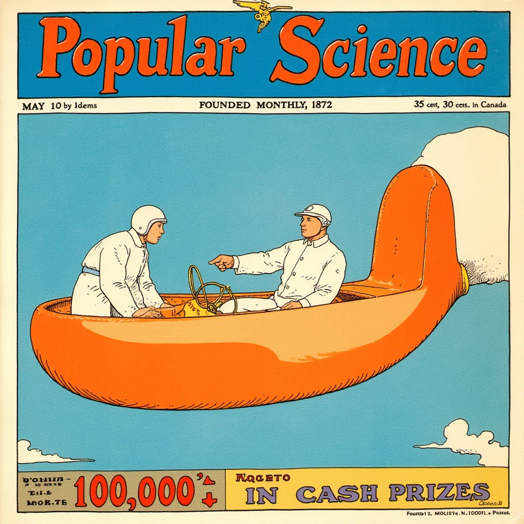 cartoon moebius illustration in mb artstyle, A vintage science fiction magazine cover from the early 20th century featuring two men in a futuristic, orange and gold capsule-like vehicle. The men are wearing white lab coats and helmets, and one of them is holding a steering wheel. The background is a clear blue sky with a few clouds. The magazine cover also features text that reads "Popular Science" and "Founded Monthly, 1872" at the top and "May 25 cents, 30 cents in Canada." The bottom of the cover reads "10,000 in Cash Prizes." The men appear to be engaged in a conversation, with one man gesturing towards the other.