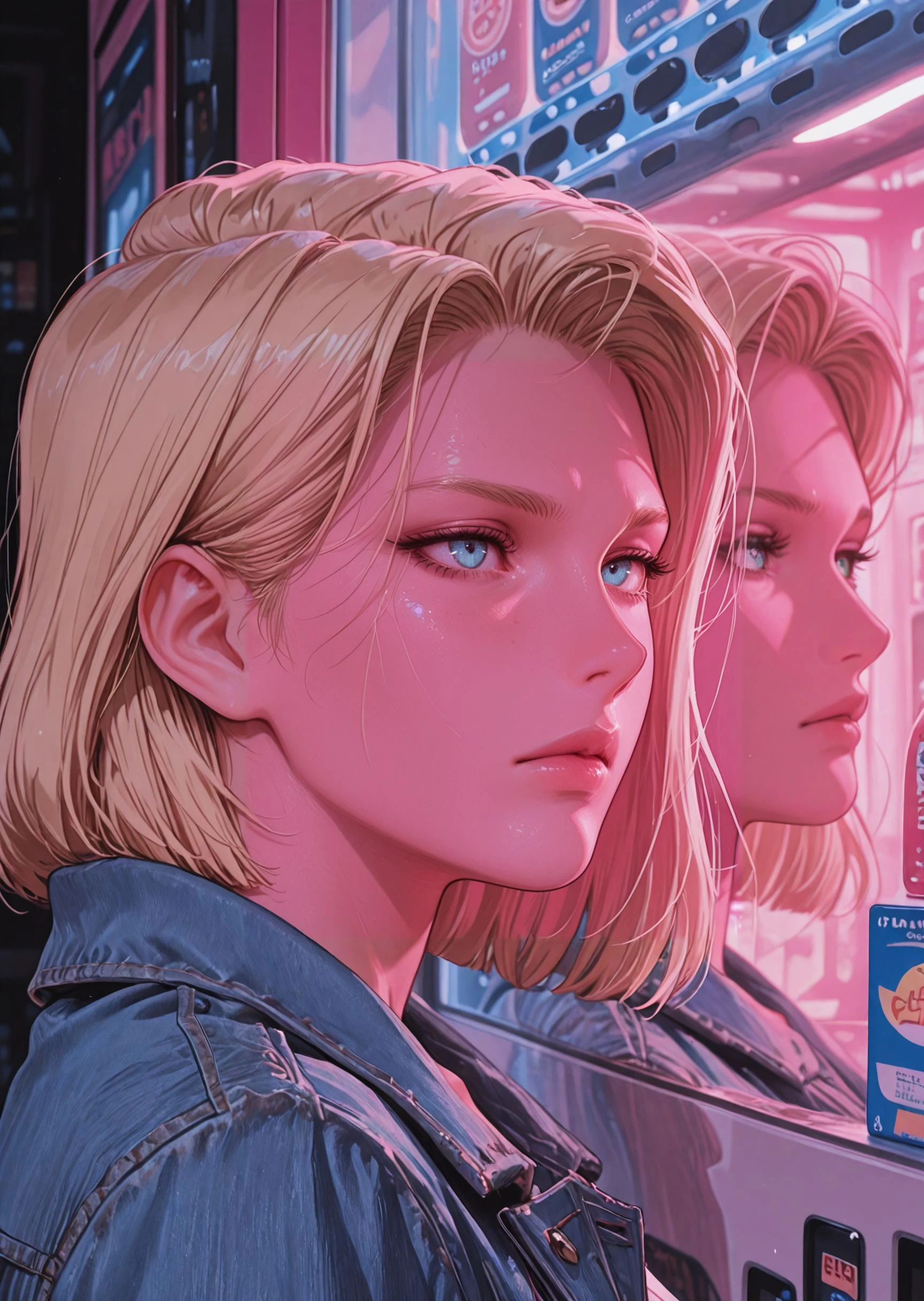 masterpiece, best quality, amazing quality, very aesthetic, masterpiece, best quality, amazing quality, very aesthetic, detailed eyes, perfect eyes, realistic eyes, (reflection:1.2), BREAK, android 18, leaning her back against a vending machine, denim jacket, serious face, neon pink theme, face focus, close up
<lora:RSTHTC_Style__Illustrious:.8>