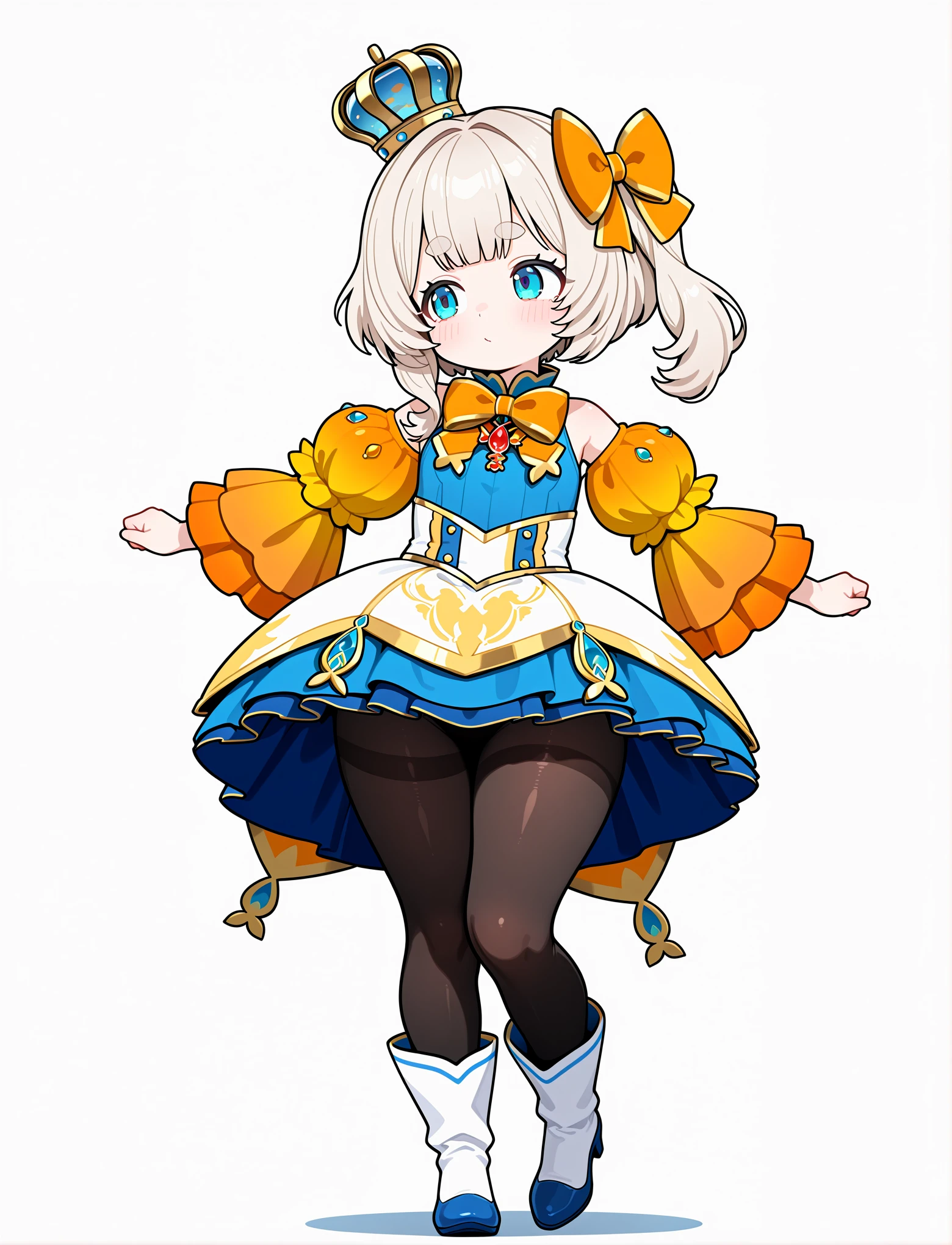 full body, dancing, dynamic pose, 
<lora:LECO-mature_female_XL(ill)v11:1.5> young, thick thighs, wide hips,
 <lora:MariMari_EN:1> MariPhase, blue eyes, thick eyebrows, platinum blonde hair, medium hair, side ponytail, hair bow, orange bow, mini crown, dress, blue sleeveless undershirt, bare shoulders, orange bowtie, bow, fish sleeves, orange wide detached sleeves, black pantyhose, white boots, blue high heels, masterpiece, best quality, amazing quality, very aesthetic, absurdres, newest