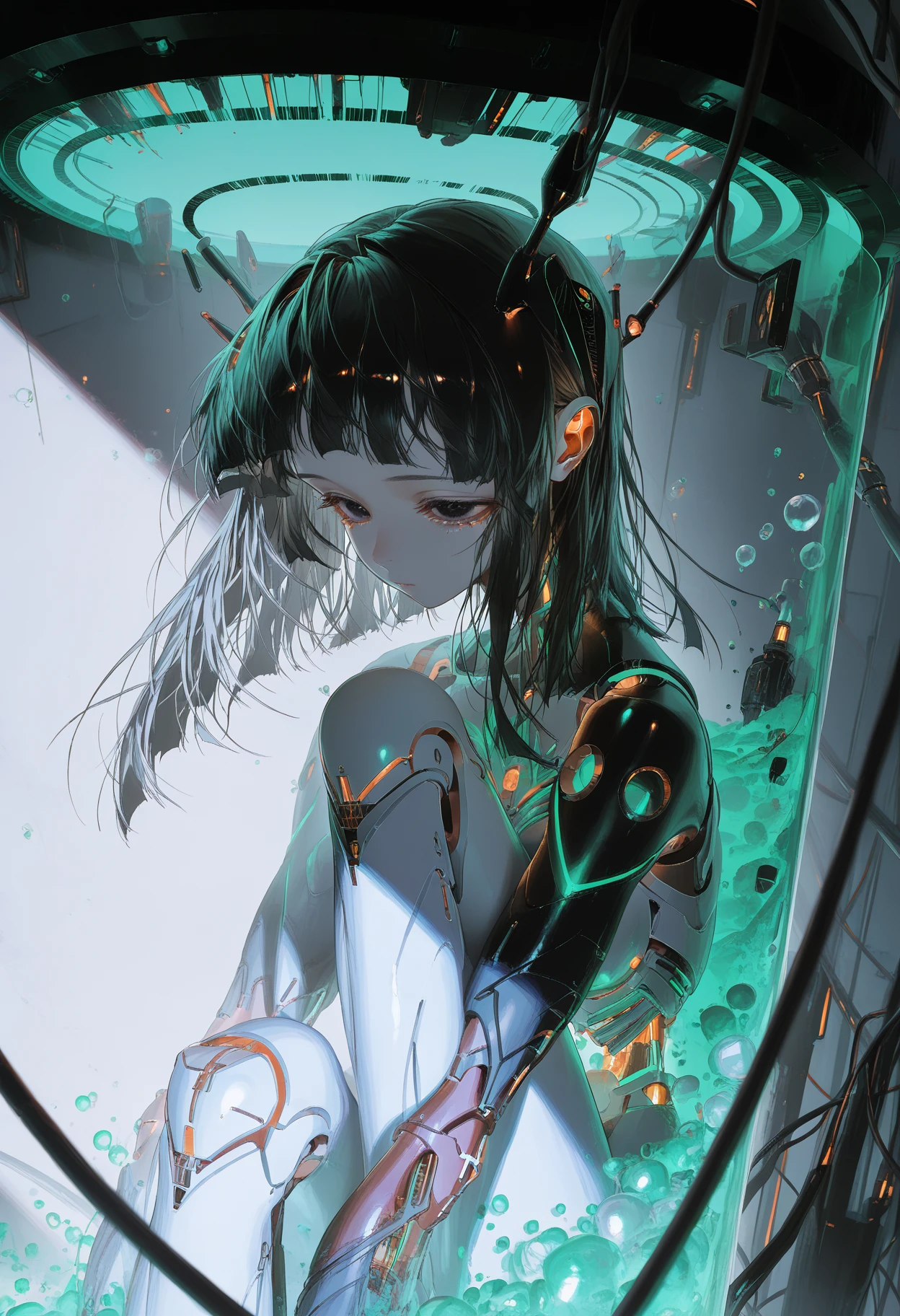 masterpiece,best quality,amazing quality,absurdres,aesthetic,newest,stylecrymachina, 1girl, solo, spotlight, shadow, mecha girls, upper body, hugging own legs, black eyes, black hair, long hair, with bangs, medium hair, side lock, bangs, white body, mechanical semantic body, android with transparent body, transparent skin, transparent muscles, holding knee, looking camera, mechanical parts, cybernetic, neon trim, synthetic textures, stasis pod, mecha body, floating body, floating hair, in container, liquid, bubbles, cable, <lora:None:1.0> <lora:crymachina_style_rouwei07_vpred_version_60:2.0000000000000004>