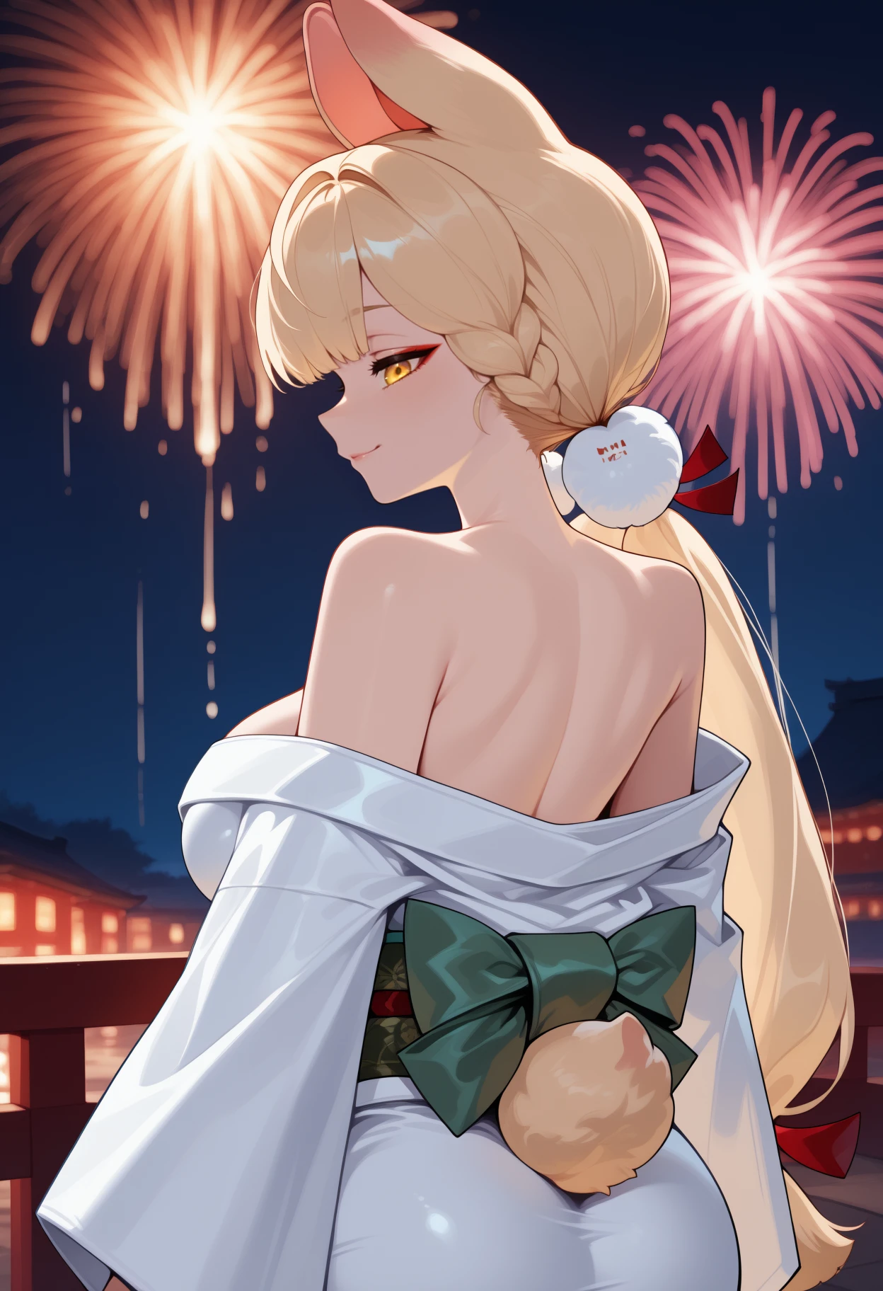 newest, , profile, solo, 1girl, rabbit tail, slight smile, looking back, arms at sides, blonde hair, low twintails, braid, pom pom hair ornament, hair ribbon, red ribbon, animal ears, yellow eyes, japanese clothes, white kimono, off shoulder, kimono pull, long sleeves, green sash, shoulders, outdoors, night, fireworks
<segment:yolo-Anzhc Face seg 640 v3 y11n.pt,0.5,1//cid=11>