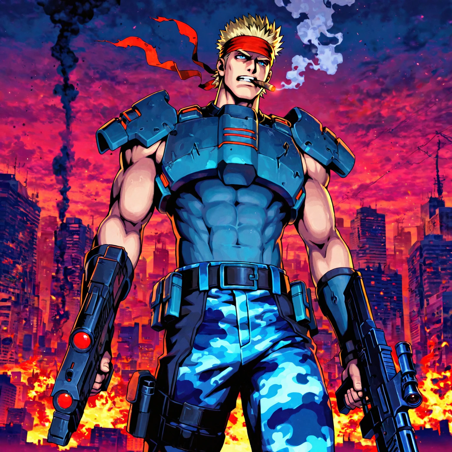 blrzr, FMIXF2, sshdw, colorful, detailed shading, hued shading, soft shadows, solo, male focus, 1boy, blue eyes, cigar in mouth, blonde hair, spiked hair, short hair, muscular, mature male, toned male, outdoors, ruined city, nighttime, red skies, smoke, blue camo pants, belt, blue armor, red headband, holding laser rifle, flames, panoramic view, straight on, looking away,
masterpiece, best quality, amazing quality