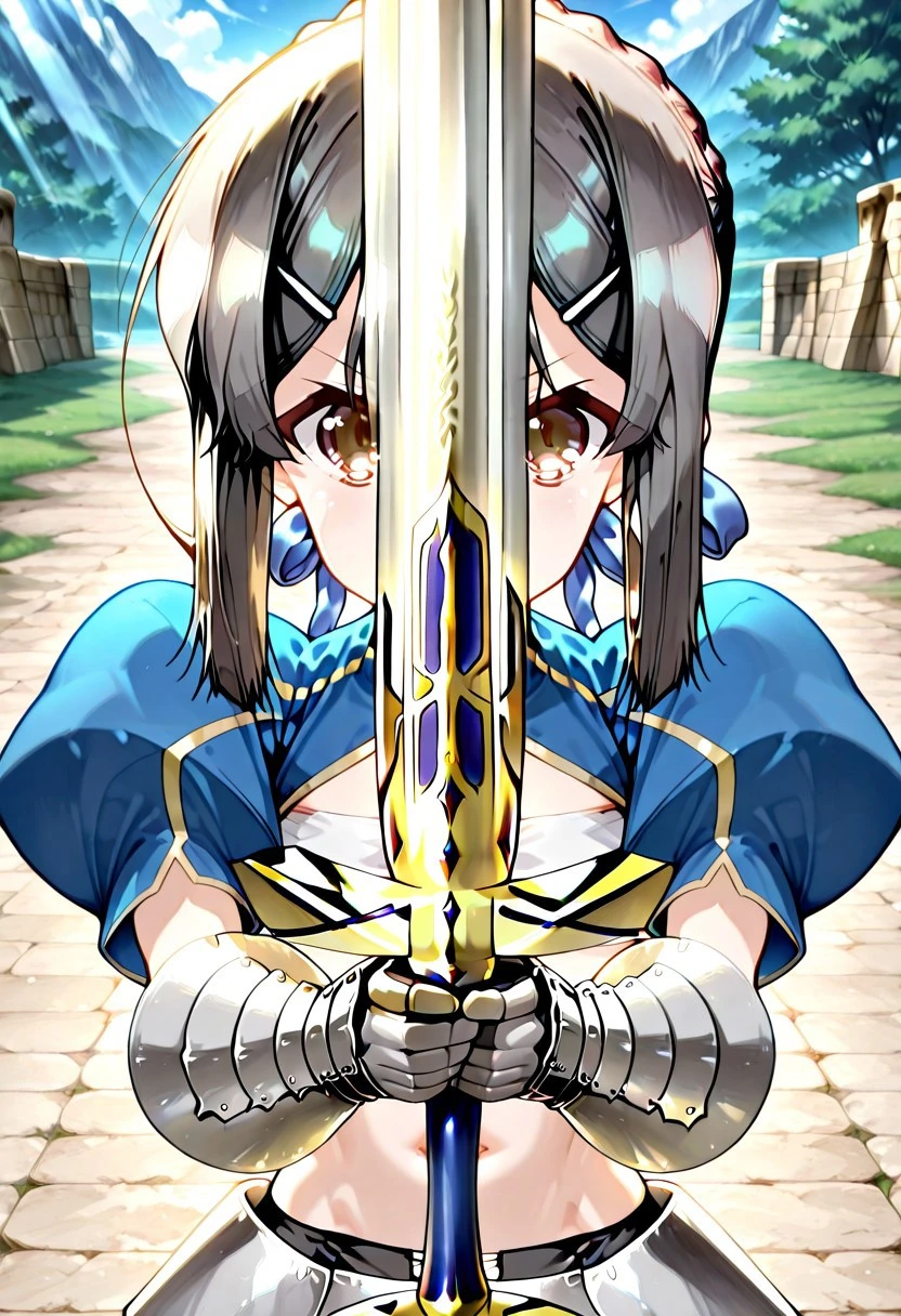 outdoor, official style, miyu saber, pendragonarmor, 1girl, solo, cosplay, excalibur (fate/stay night), black hair, navel, gauntlets, weapon, holding, sword, brown eyes, hairclip, hair ornament, armor, hair ribbon, ribbon, flat chest, bandeau, blue ribbon, faulds, swordup, looking at viewer, face close-up,masterpiece,best quality,amazing quality, etailed light,light leaks, knight's pledge stance